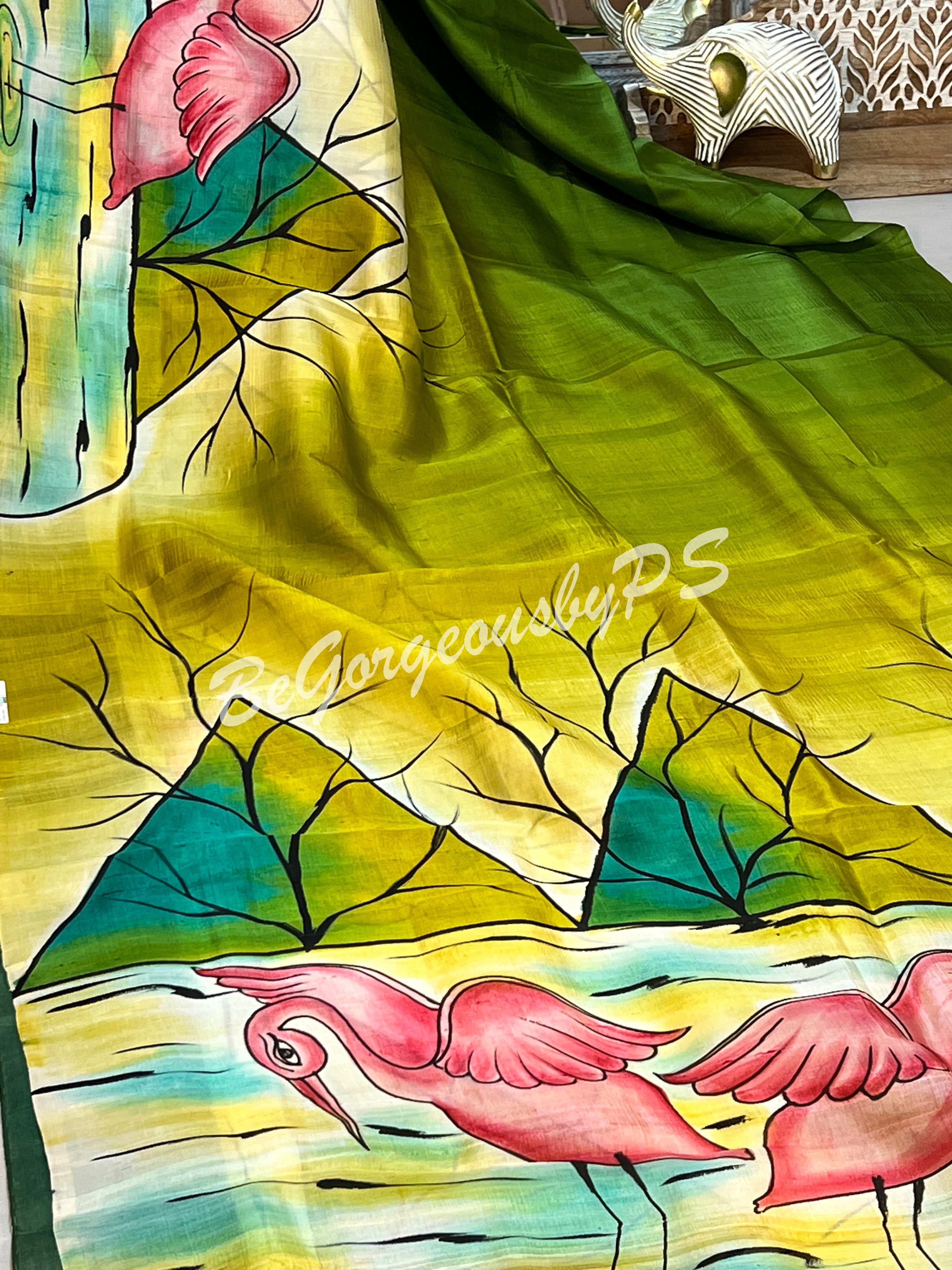 MURSHIDABAD HAND PAINTED GREEN SAREE