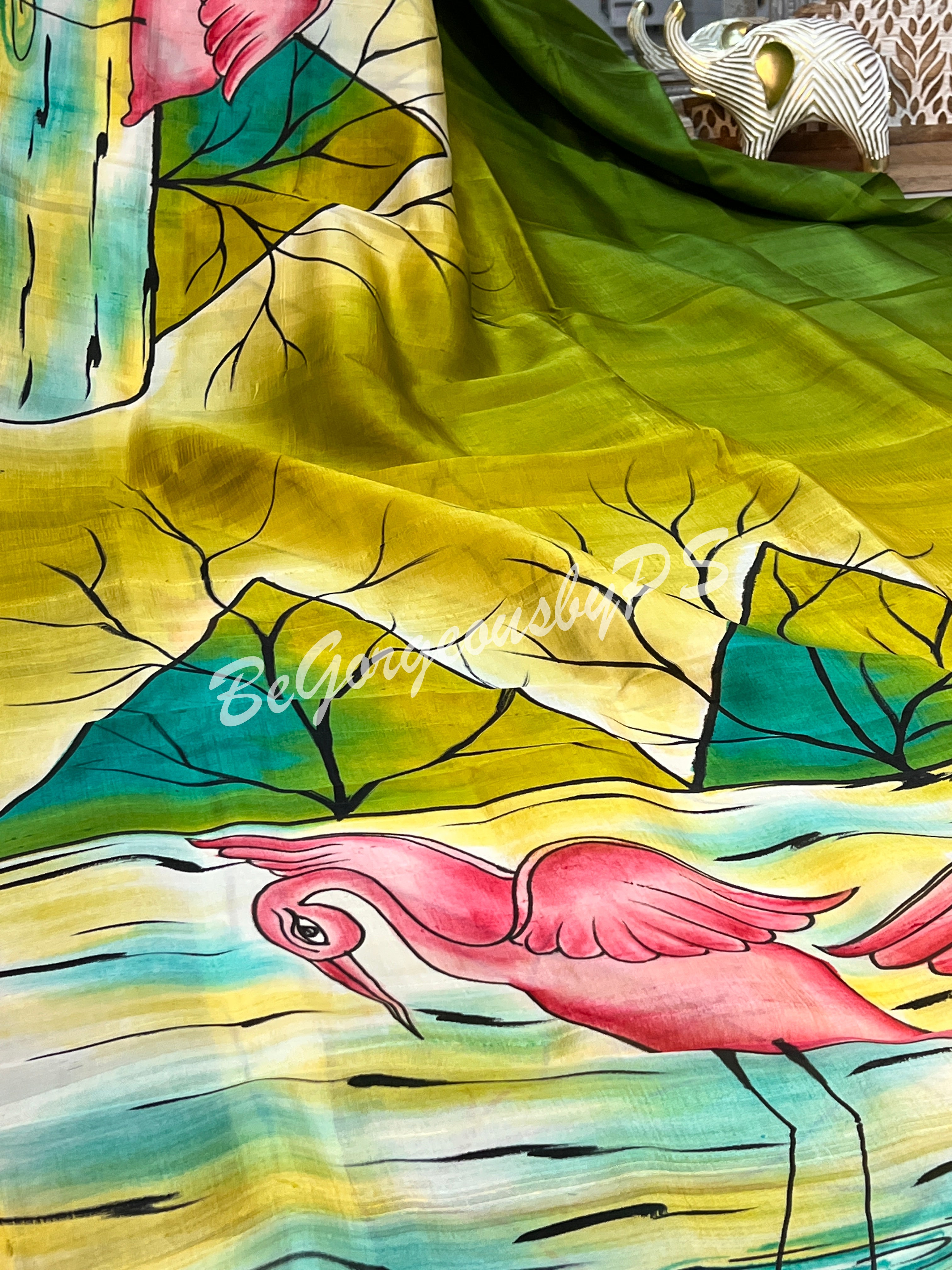 MURSHIDABAD HAND PAINTED GREEN SAREE