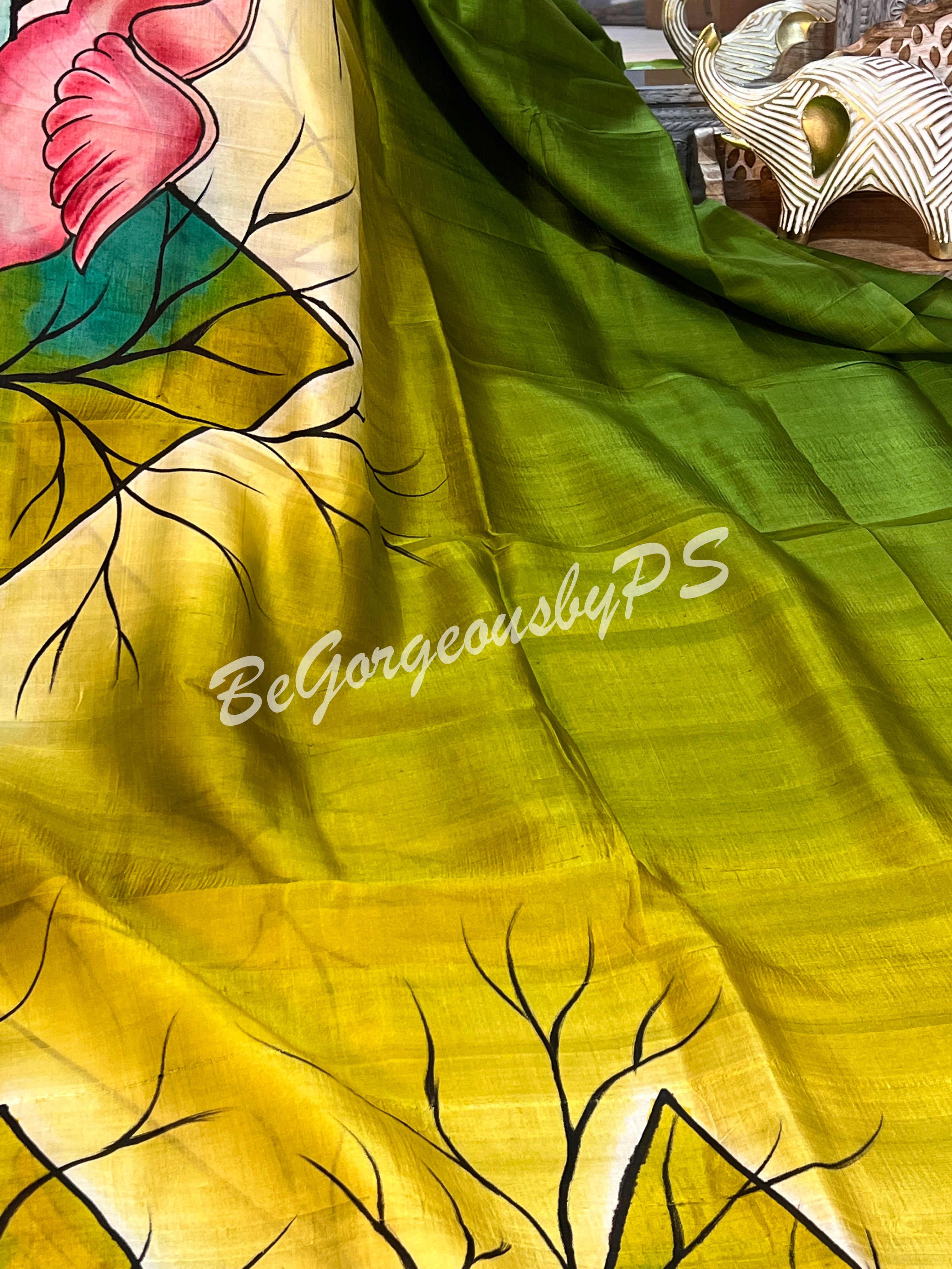 MURSHIDABAD HAND PAINTED GREEN SAREE