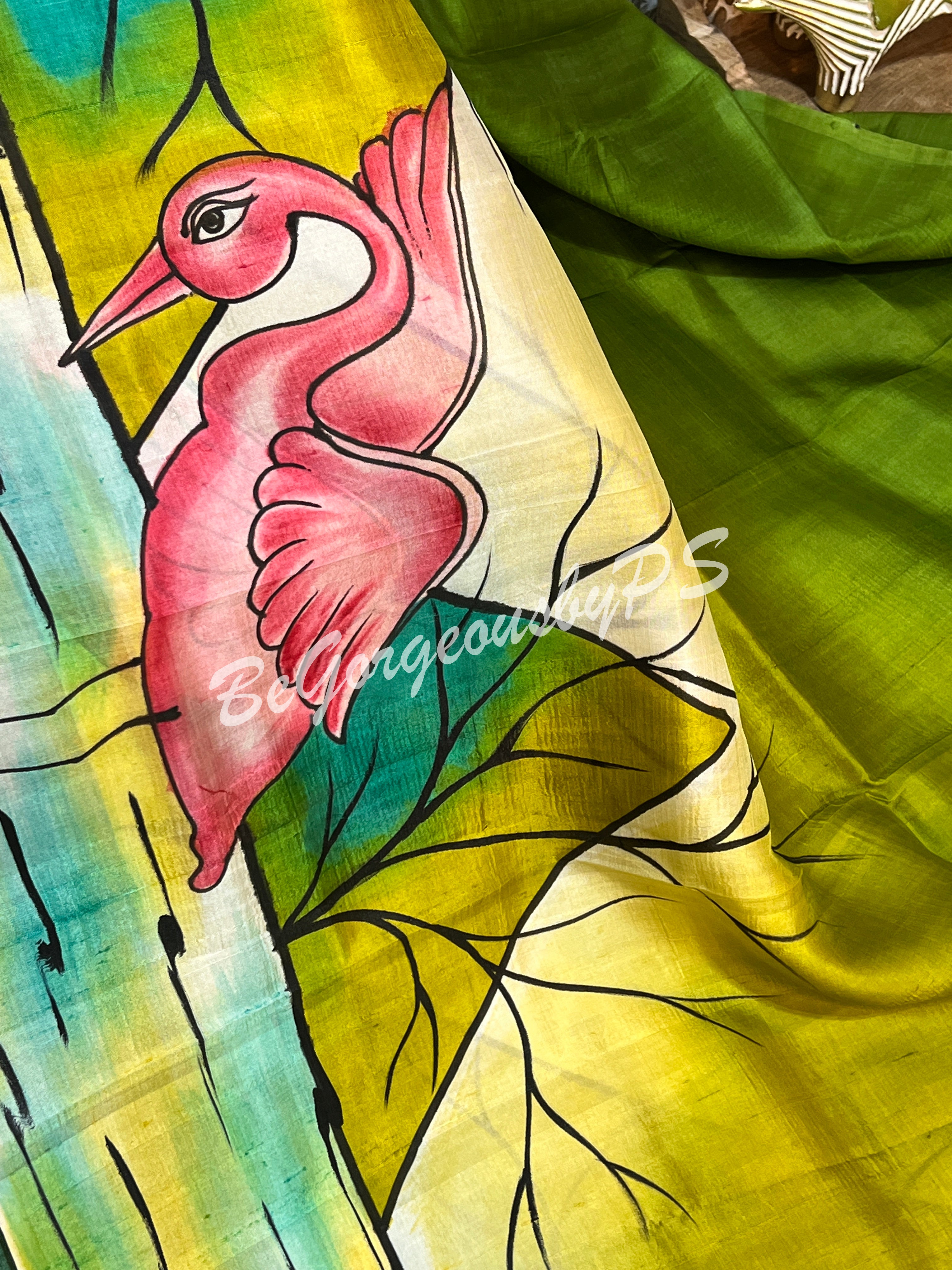 MURSHIDABAD HAND PAINTED GREEN SAREE