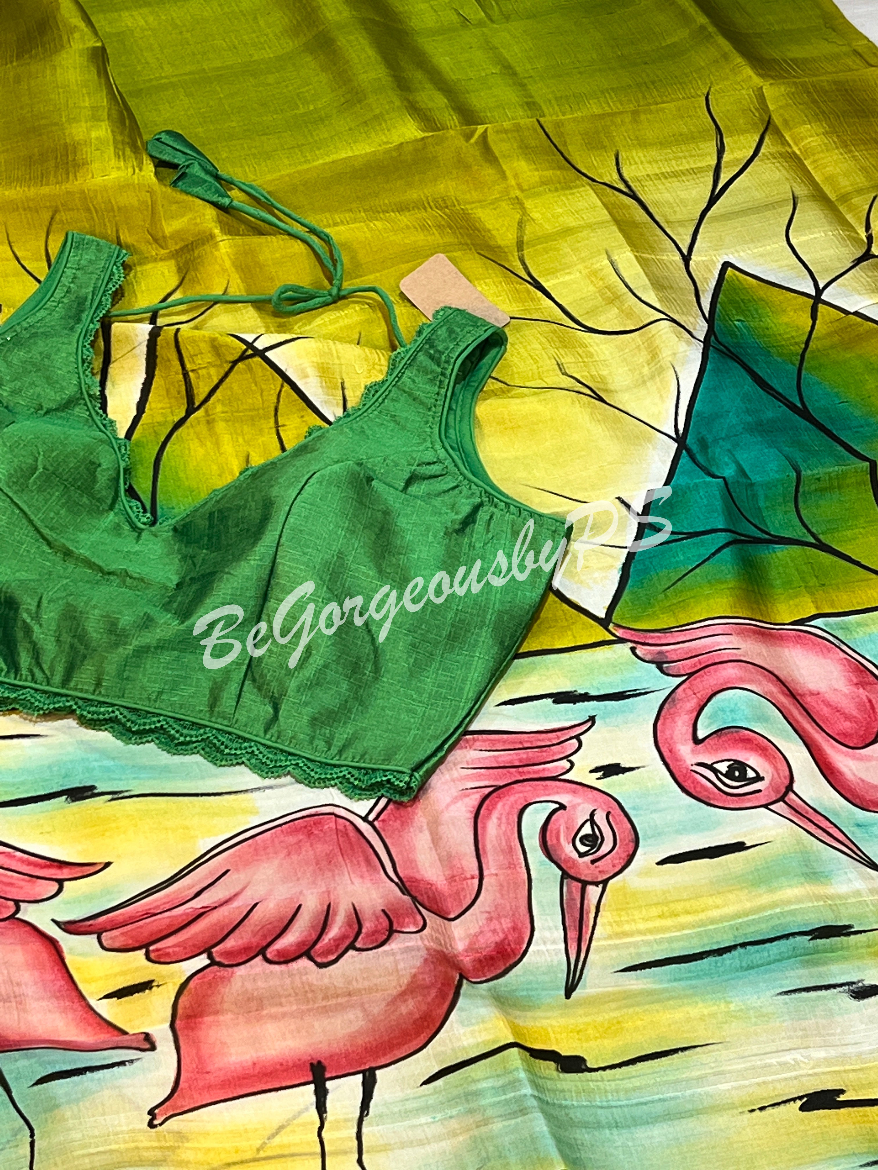 MURSHIDABAD HAND PAINTED GREEN SAREE