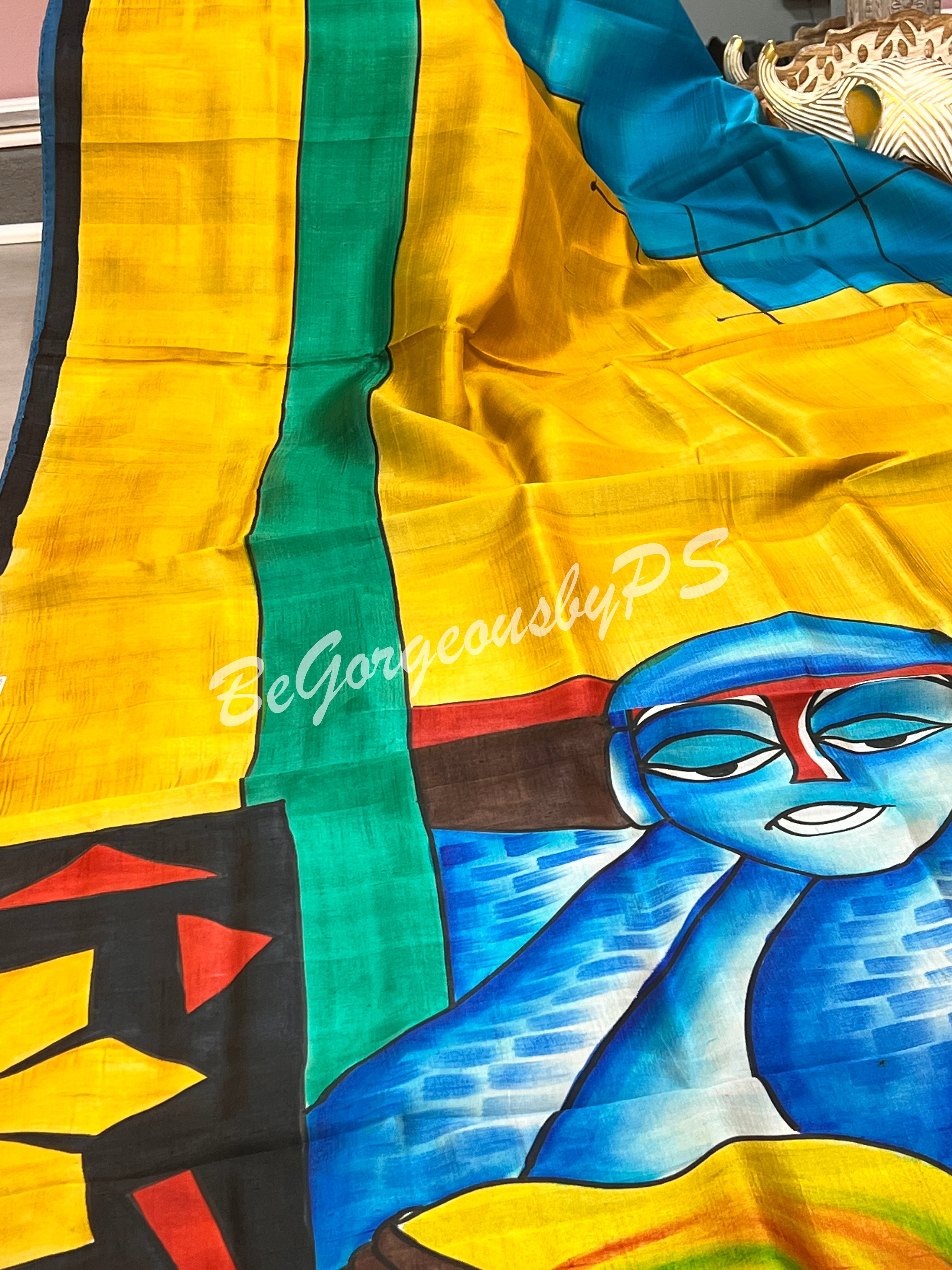 MURSHIDABAD HAND PAINTED YELLOW BLUE SAREE