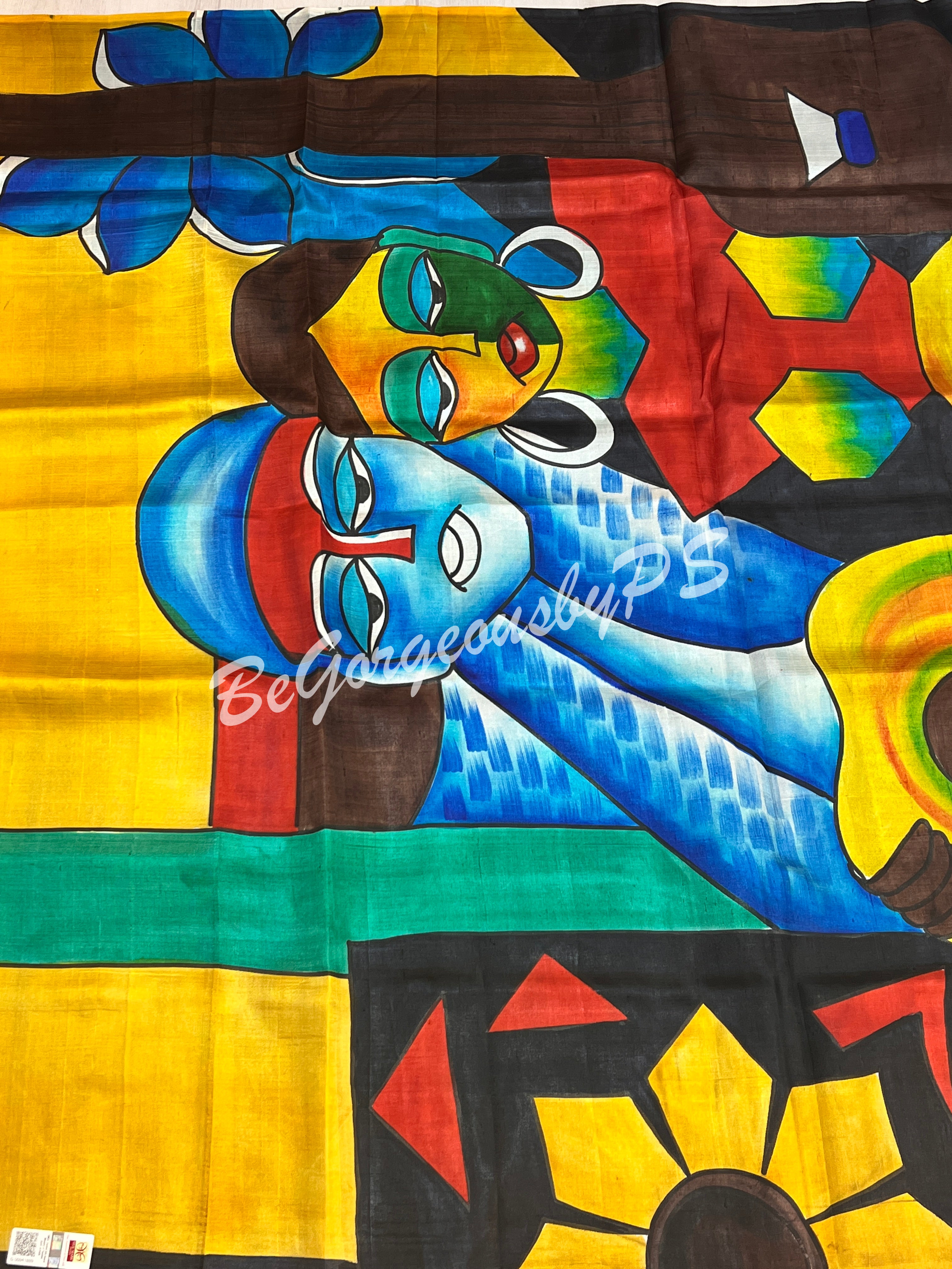 MURSHIDABAD HAND PAINTED YELLOW BLUE SAREE