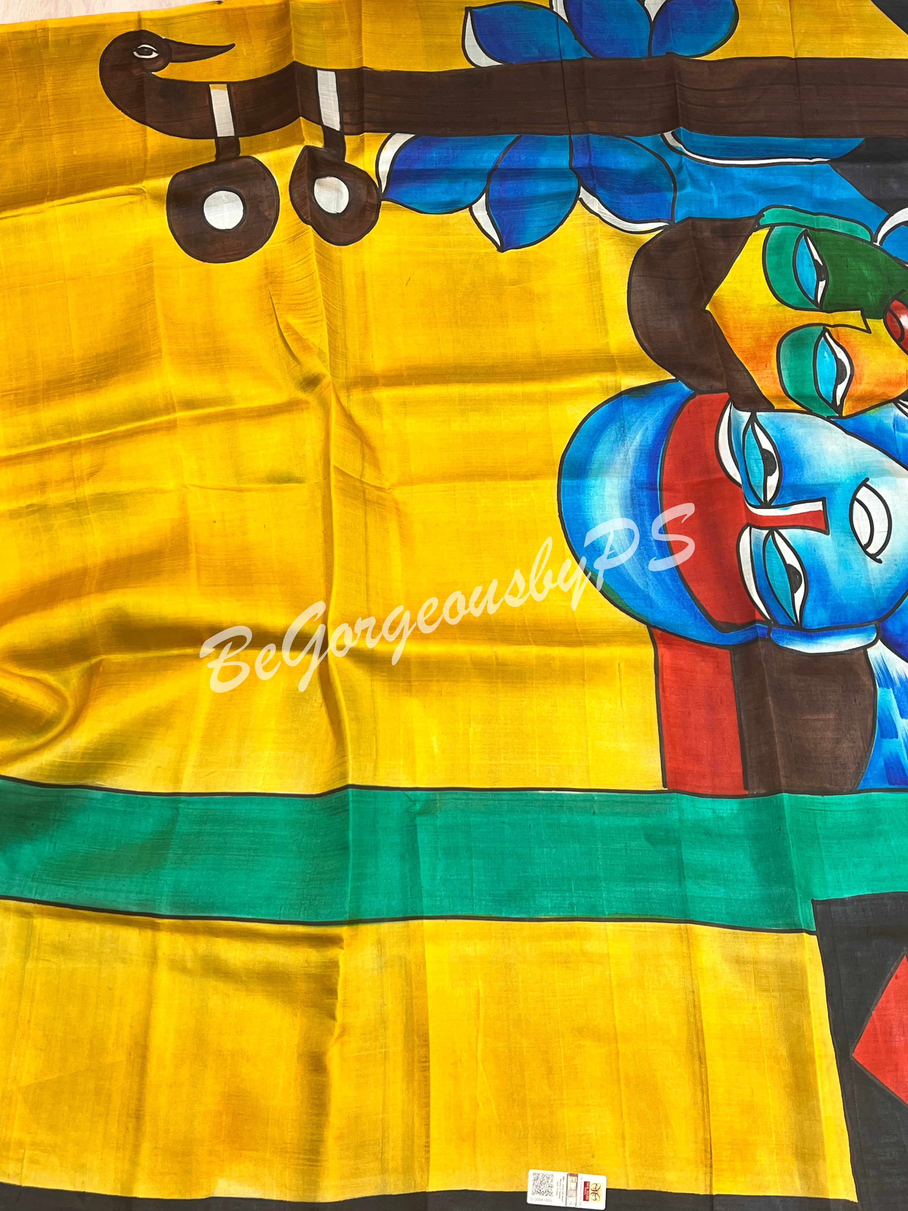 MURSHIDABAD HAND PAINTED YELLOW BLUE SAREE