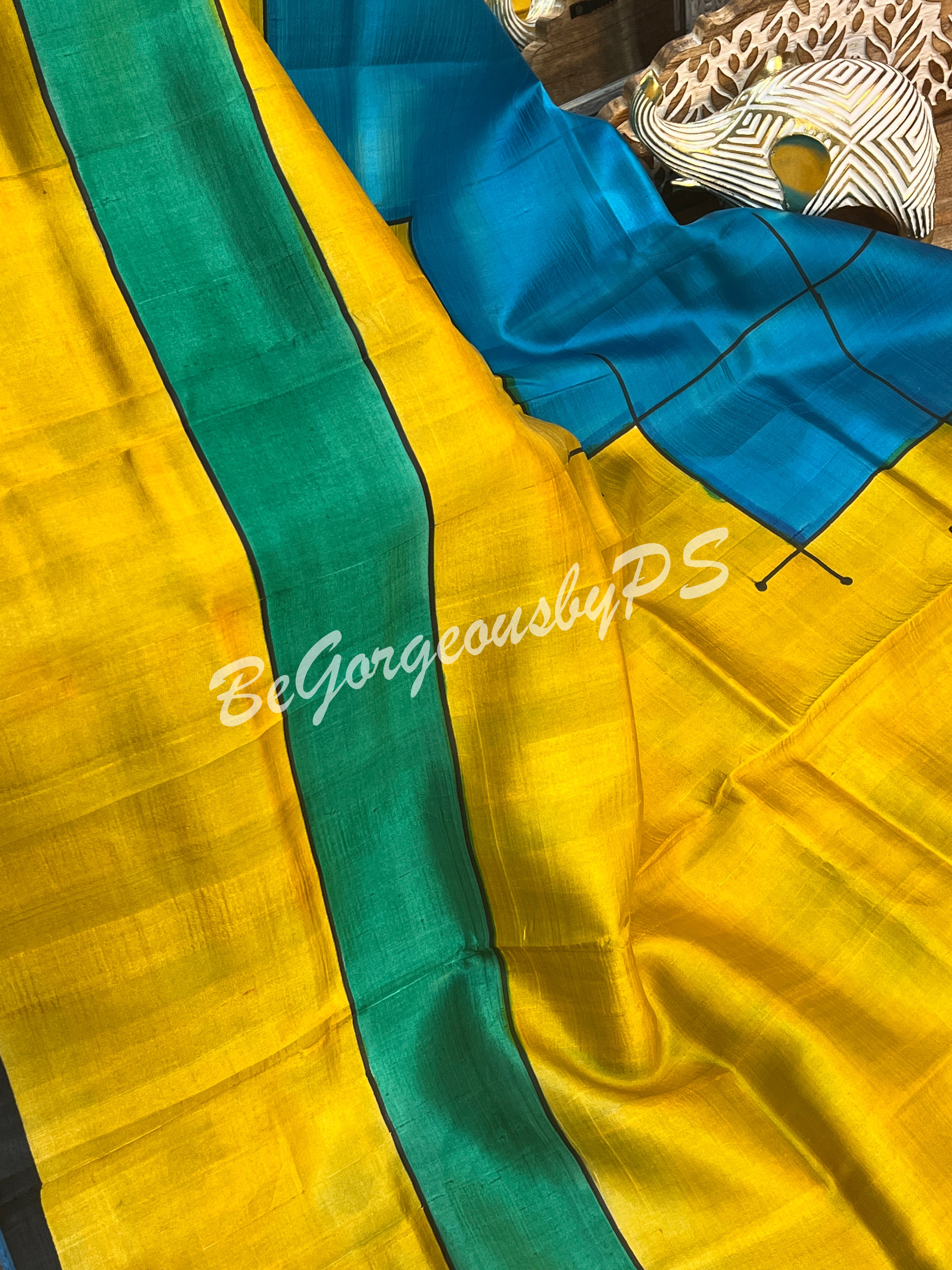 MURSHIDABAD HAND PAINTED YELLOW BLUE SAREE