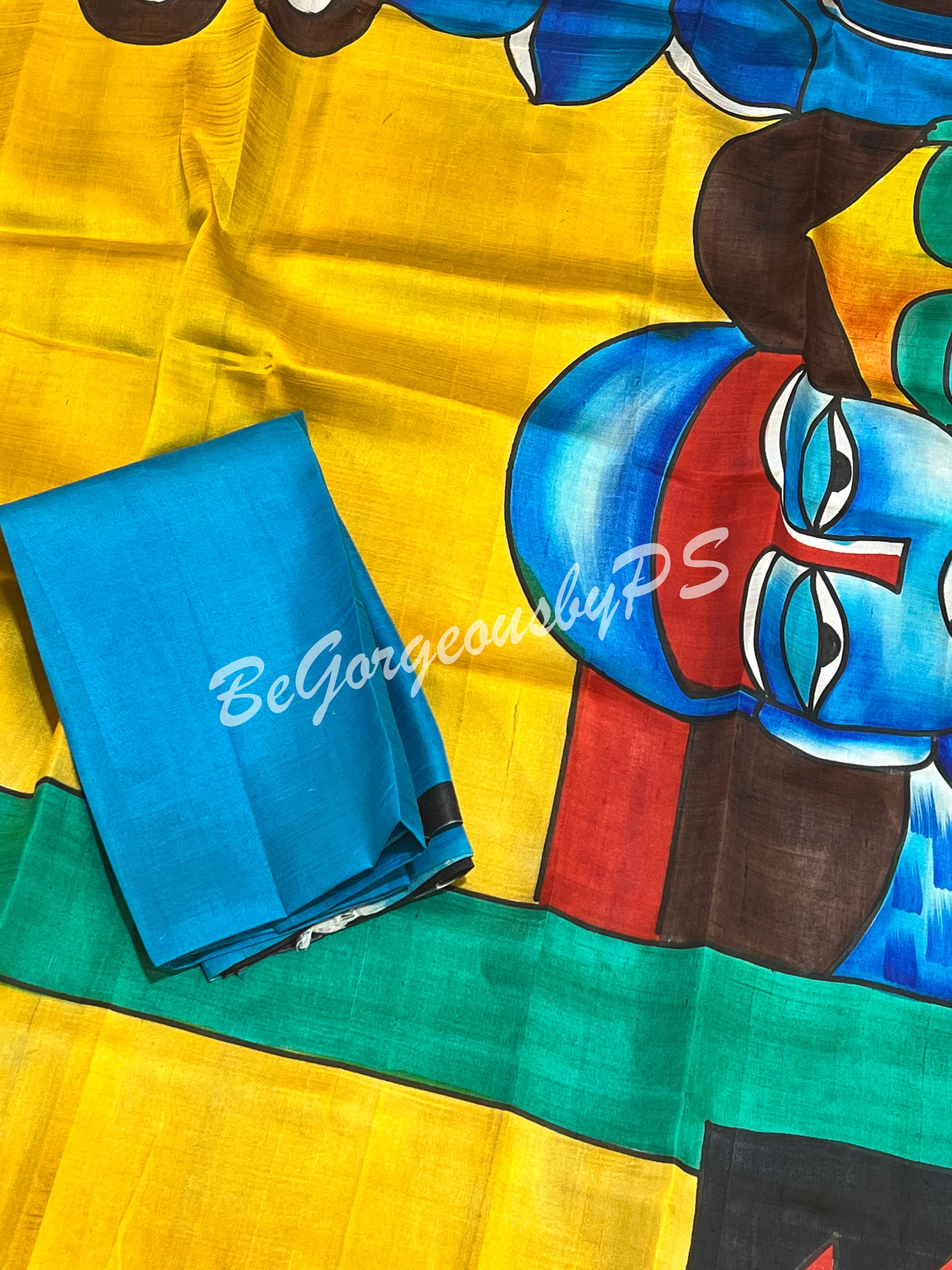 MURSHIDABAD HAND PAINTED YELLOW BLUE SAREE
