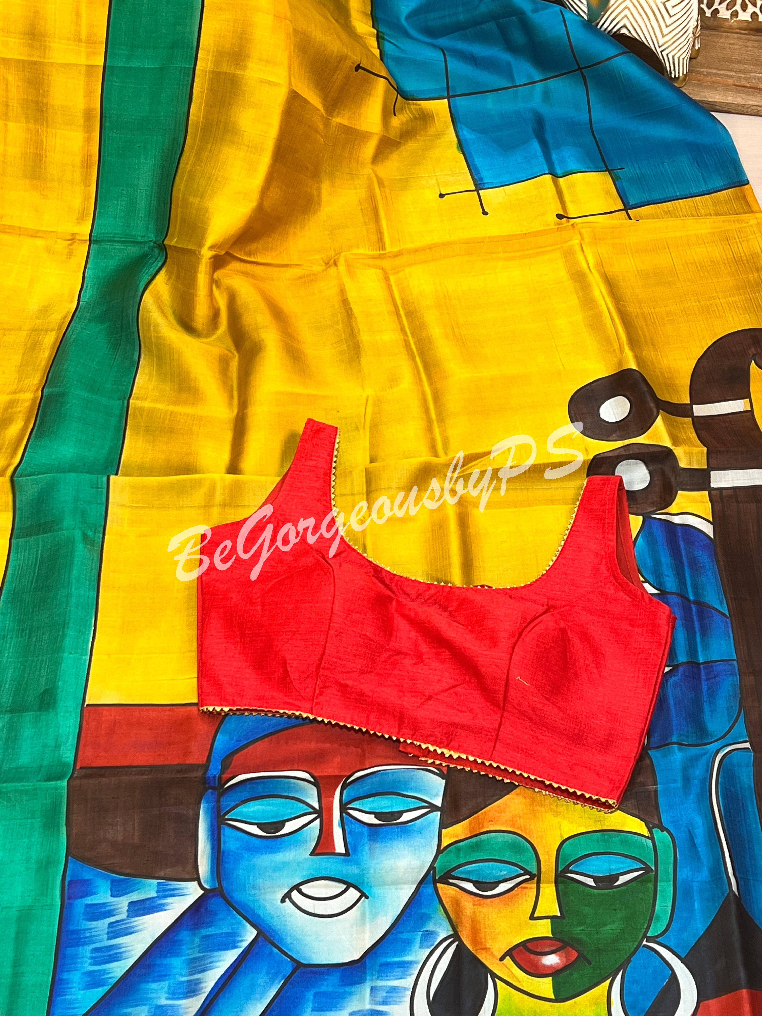 MURSHIDABAD HAND PAINTED YELLOW BLUE SAREE