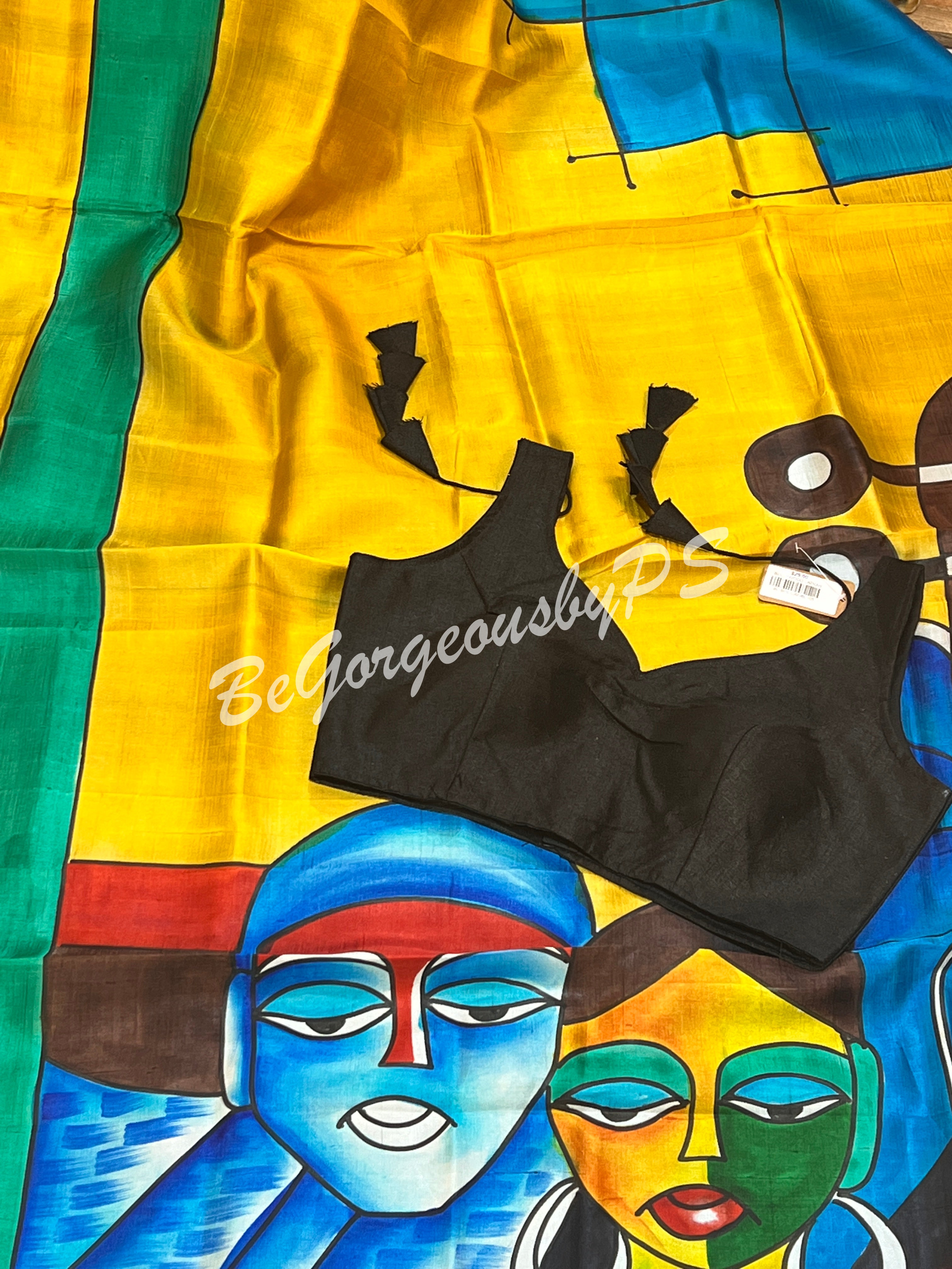 MURSHIDABAD HAND PAINTED YELLOW BLUE SAREE