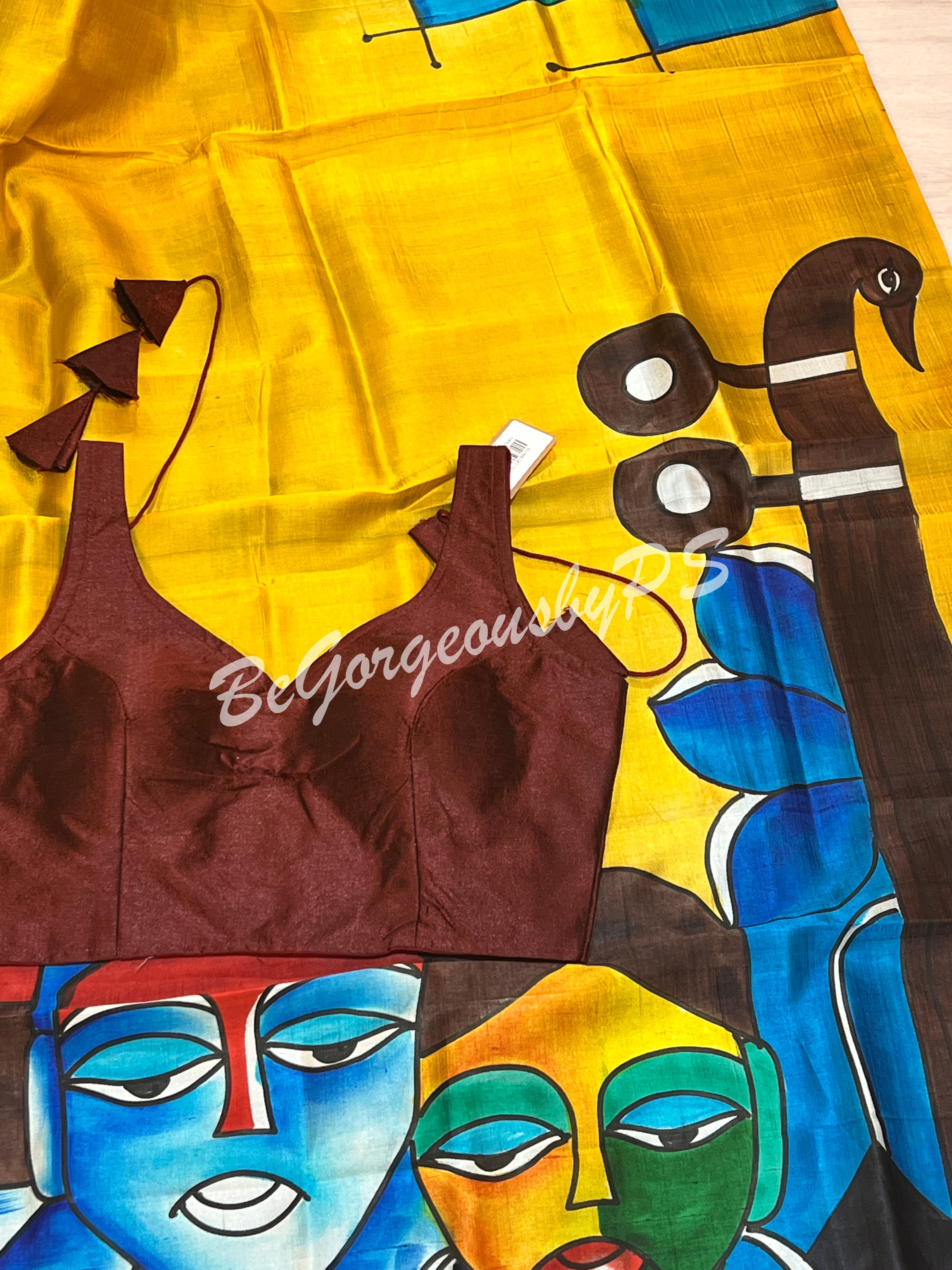 MURSHIDABAD HAND PAINTED YELLOW BLUE SAREE