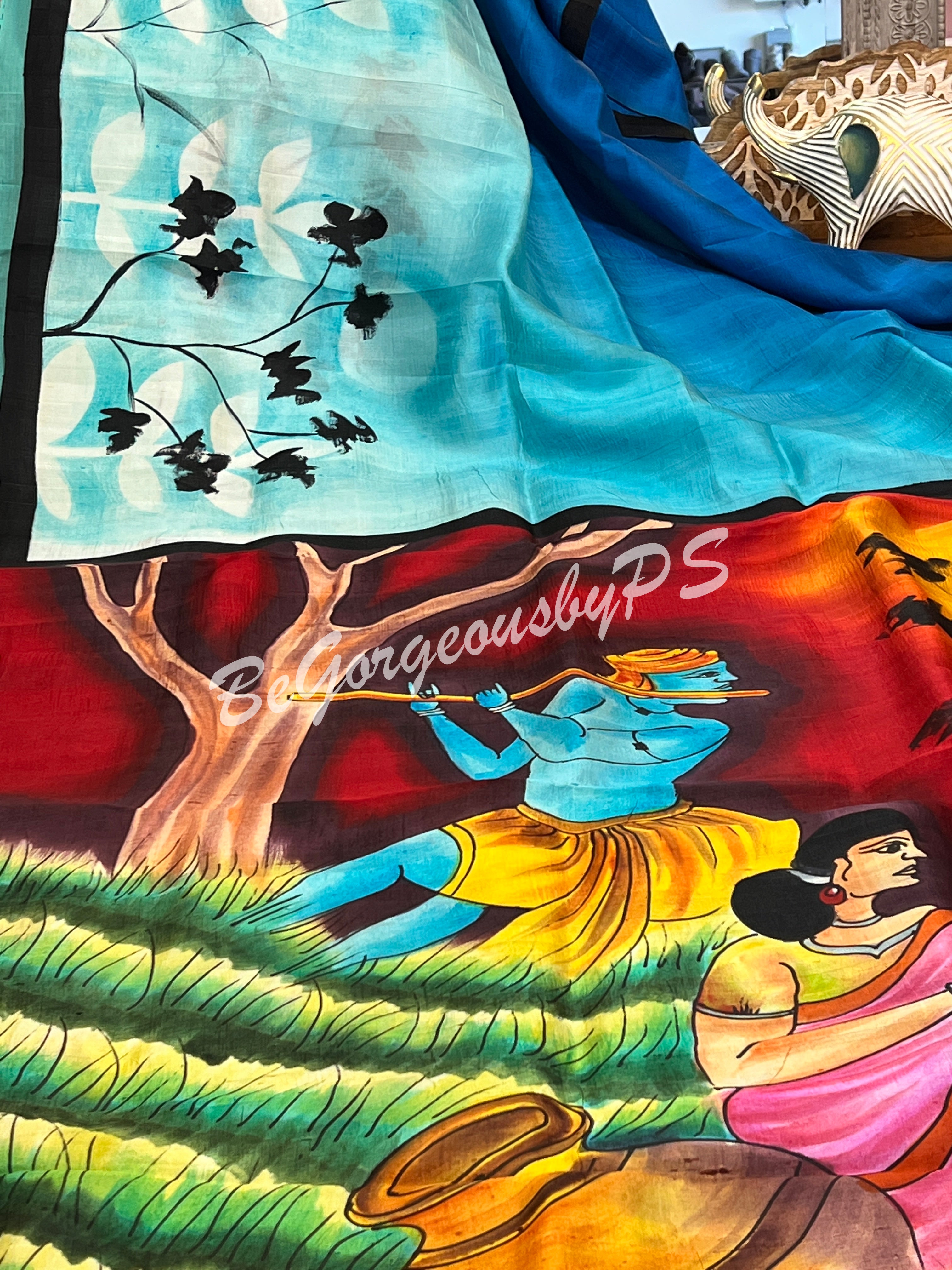 MURSHIDABAD HAND PAINTED BU/BLUE KRISHNA SAREE