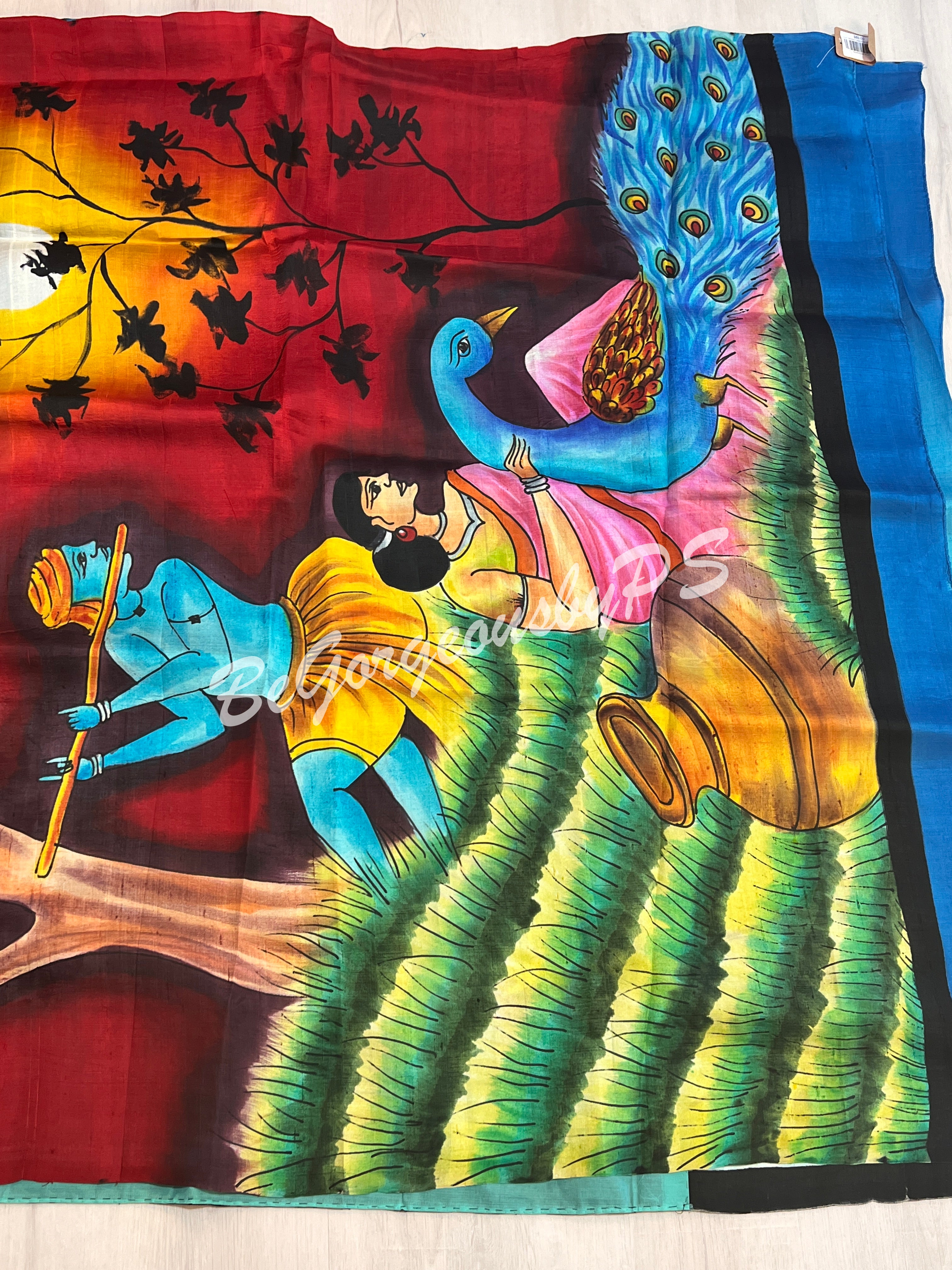 MURSHIDABAD HAND PAINTED BU/BLUE KRISHNA SAREE