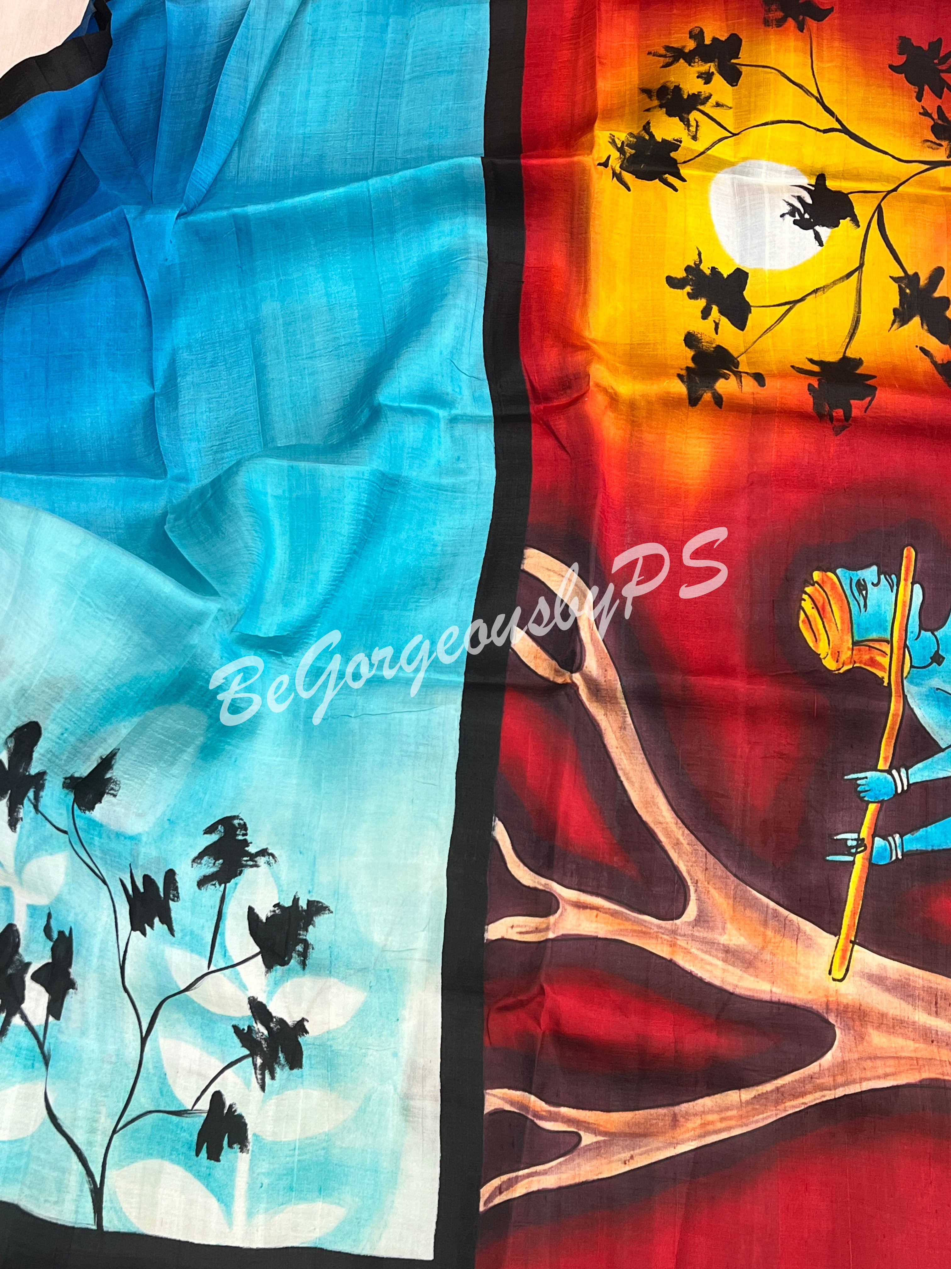 MURSHIDABAD HAND PAINTED BU/BLUE KRISHNA SAREE