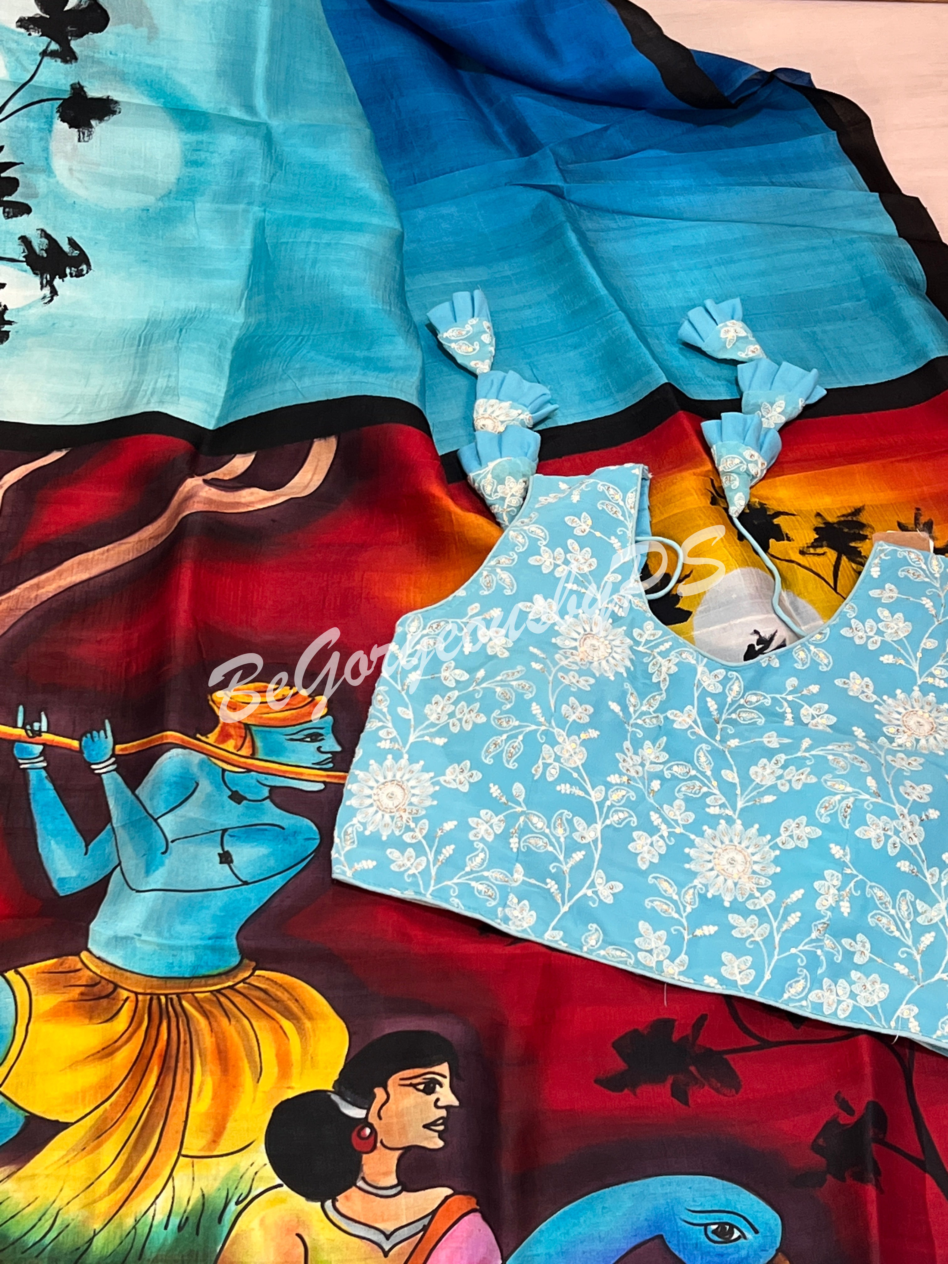MURSHIDABAD HAND PAINTED BU/BLUE KRISHNA SAREE