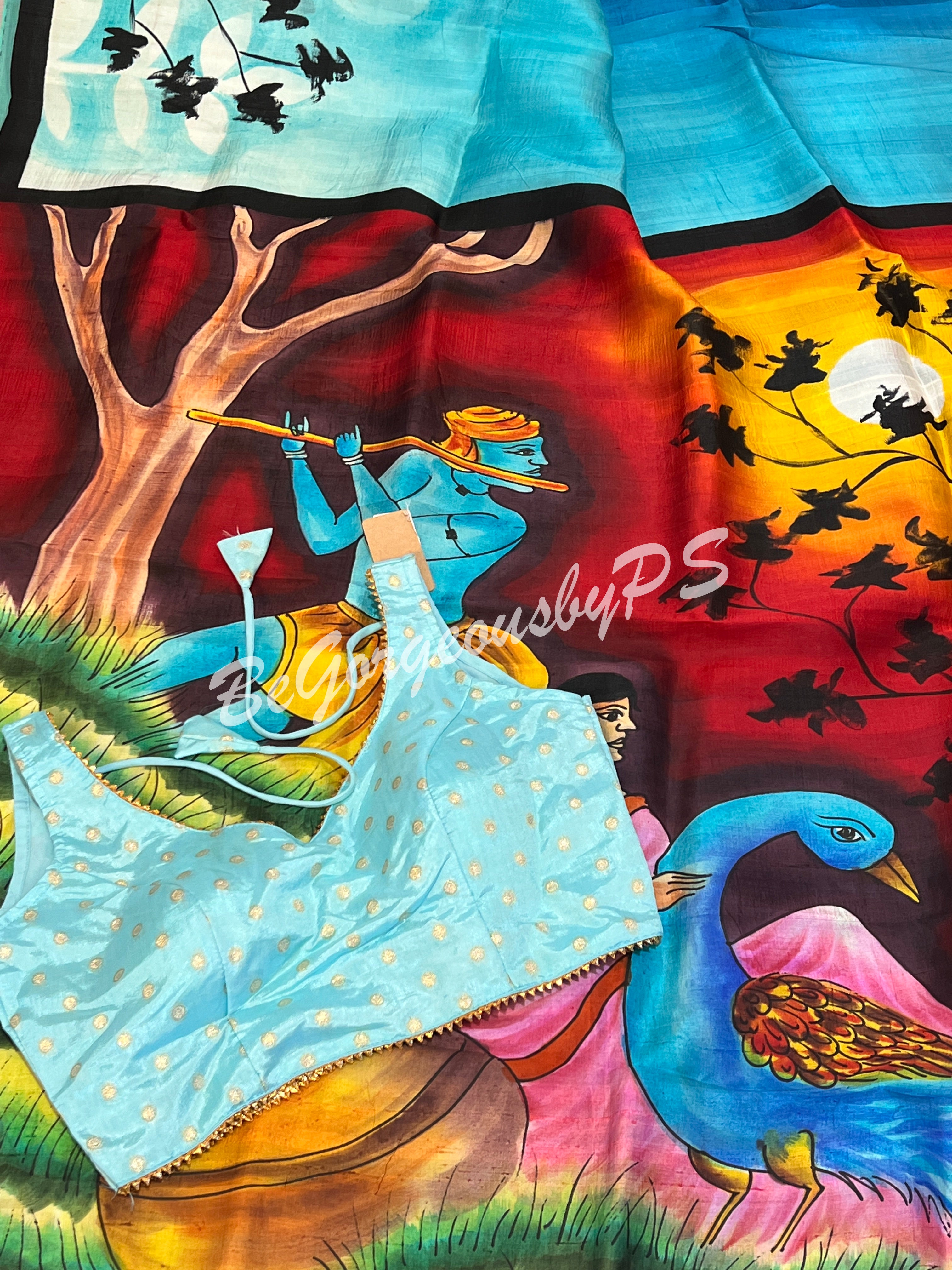 MURSHIDABAD HAND PAINTED BU/BLUE KRISHNA SAREE