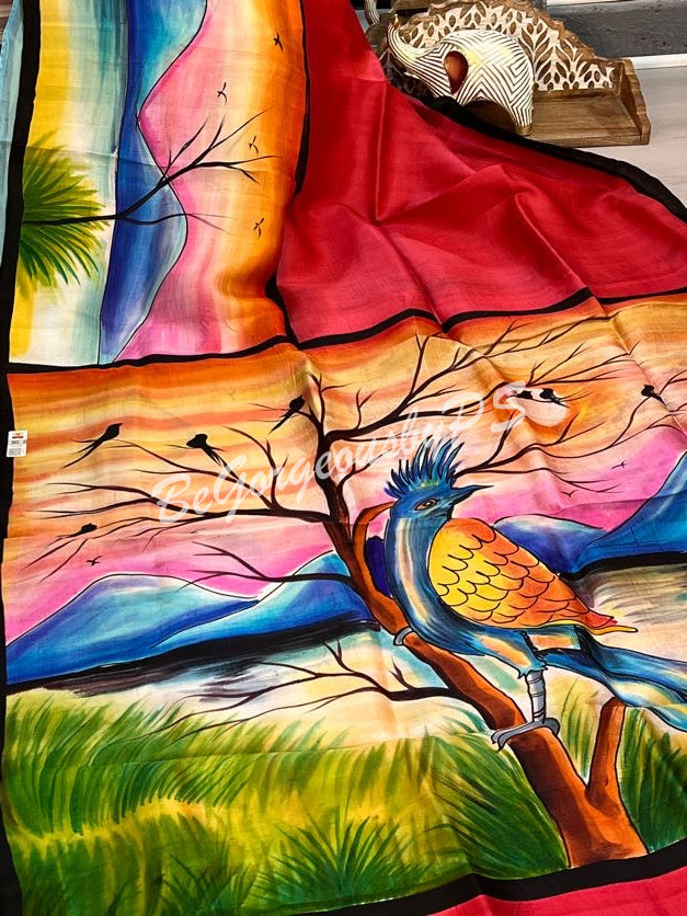 MURSHIDABAD HAND PAINTED RED PEACOCK SAREE