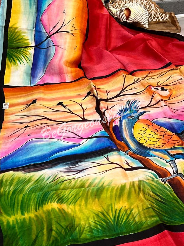 MURSHIDABAD HAND PAINTED RED PEACOCK SAREE