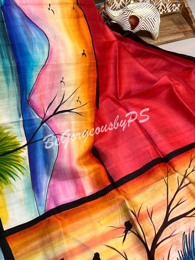 MURSHIDABAD HAND PAINTED RED PEACOCK SAREE