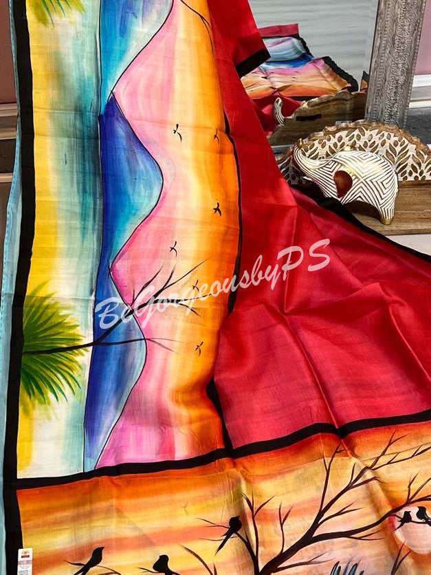 MURSHIDABAD HAND PAINTED RED PEACOCK SAREE