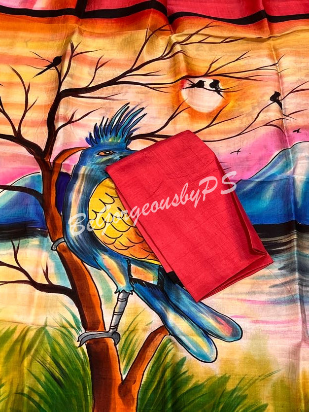 MURSHIDABAD HAND PAINTED RED PEACOCK SAREE