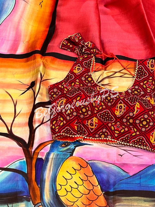 MURSHIDABAD HAND PAINTED RED PEACOCK SAREE