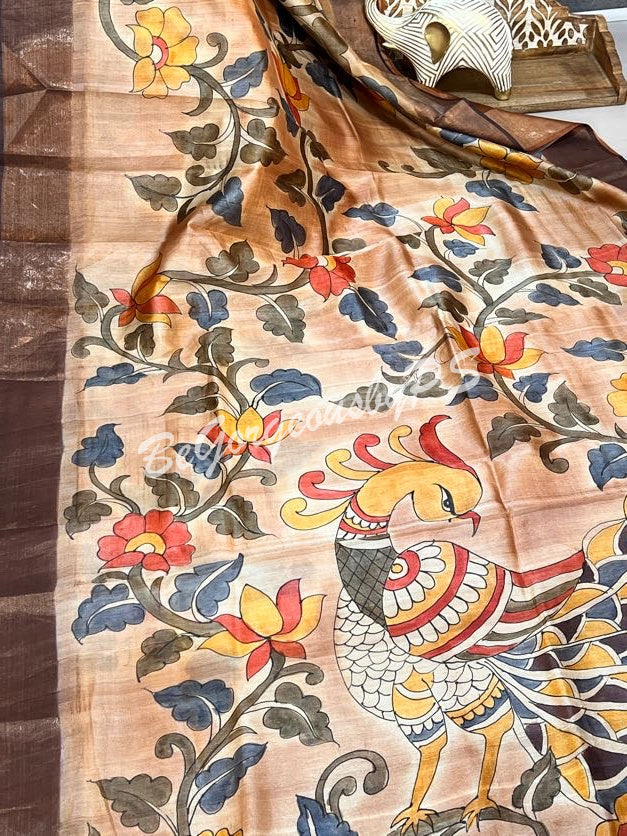 TUSSAR HAND PAINTED LIGHT BROWN PEACOCK SAREE