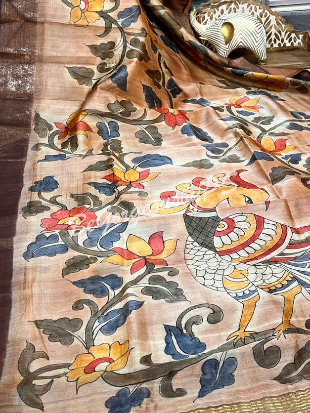 TUSSAR HAND PAINTED LIGHT BROWN PEACOCK SAREE
