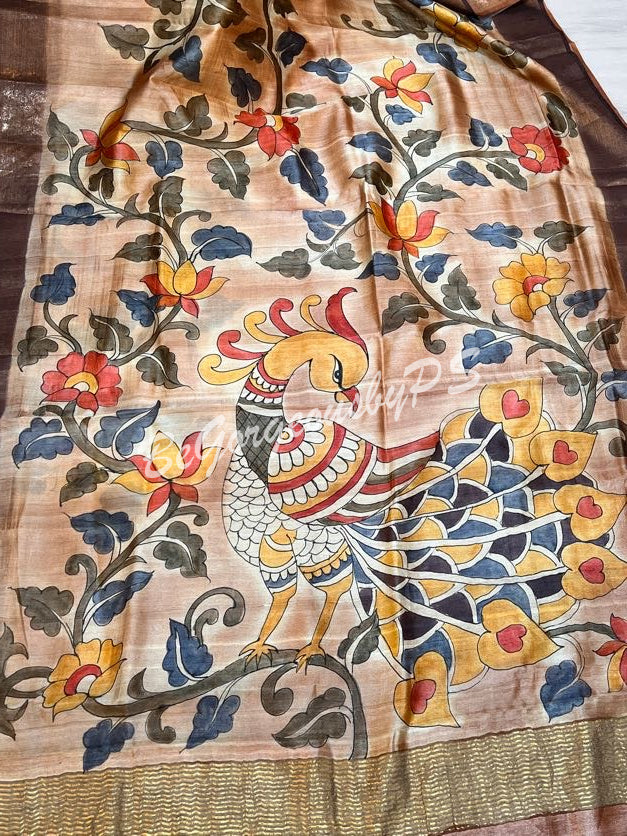 TUSSAR HAND PAINTED LIGHT BROWN PEACOCK SAREE