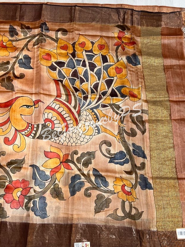 TUSSAR HAND PAINTED LIGHT BROWN PEACOCK SAREE