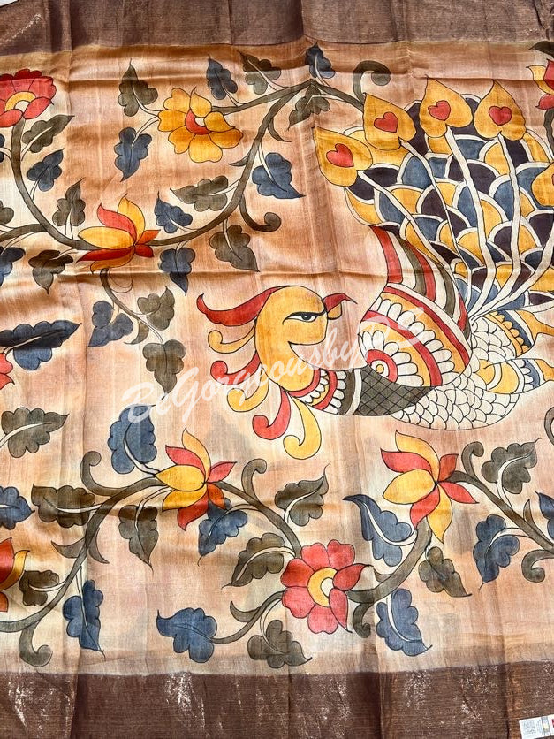 TUSSAR HAND PAINTED LIGHT BROWN PEACOCK SAREE