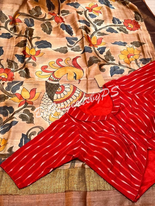 TUSSAR HAND PAINTED LIGHT BROWN PEACOCK SAREE