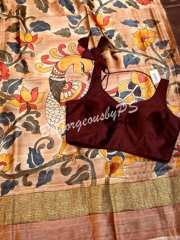 TUSSAR HAND PAINTED LIGHT BROWN PEACOCK SAREE