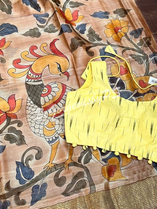 TUSSAR HAND PAINTED LIGHT BROWN PEACOCK SAREE