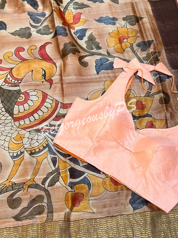 TUSSAR HAND PAINTED LIGHT BROWN PEACOCK SAREE