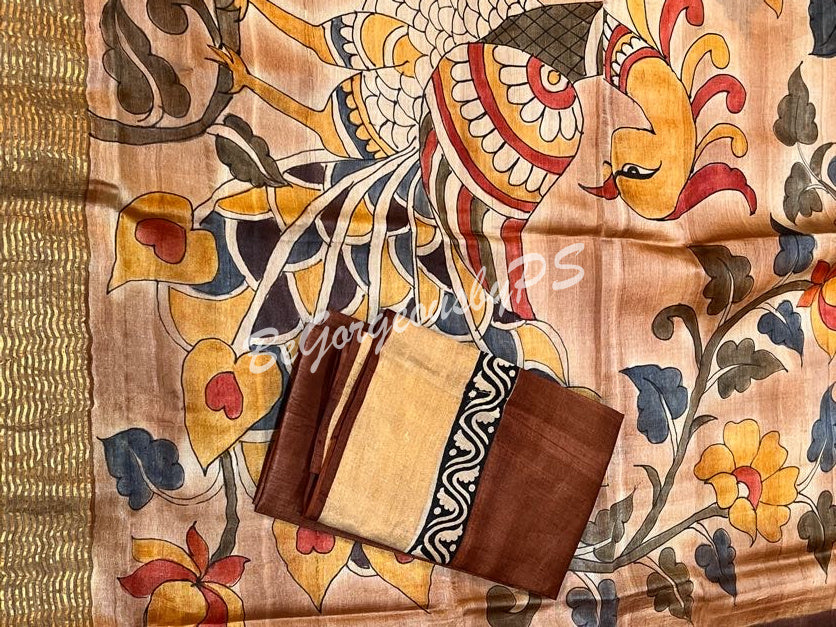 TUSSAR HAND PAINTED LIGHT BROWN PEACOCK SAREE