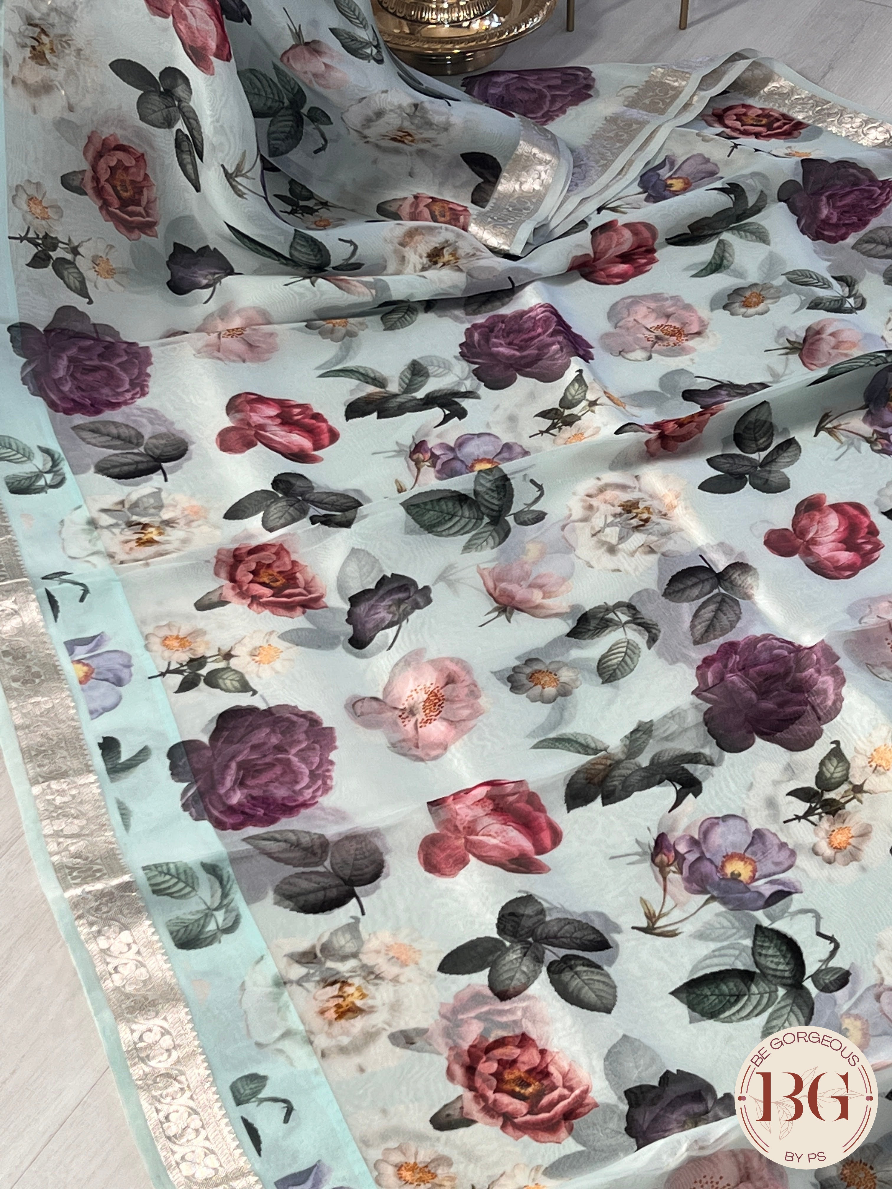 Organza with floral prints and zari border & Pallu saree color - blue