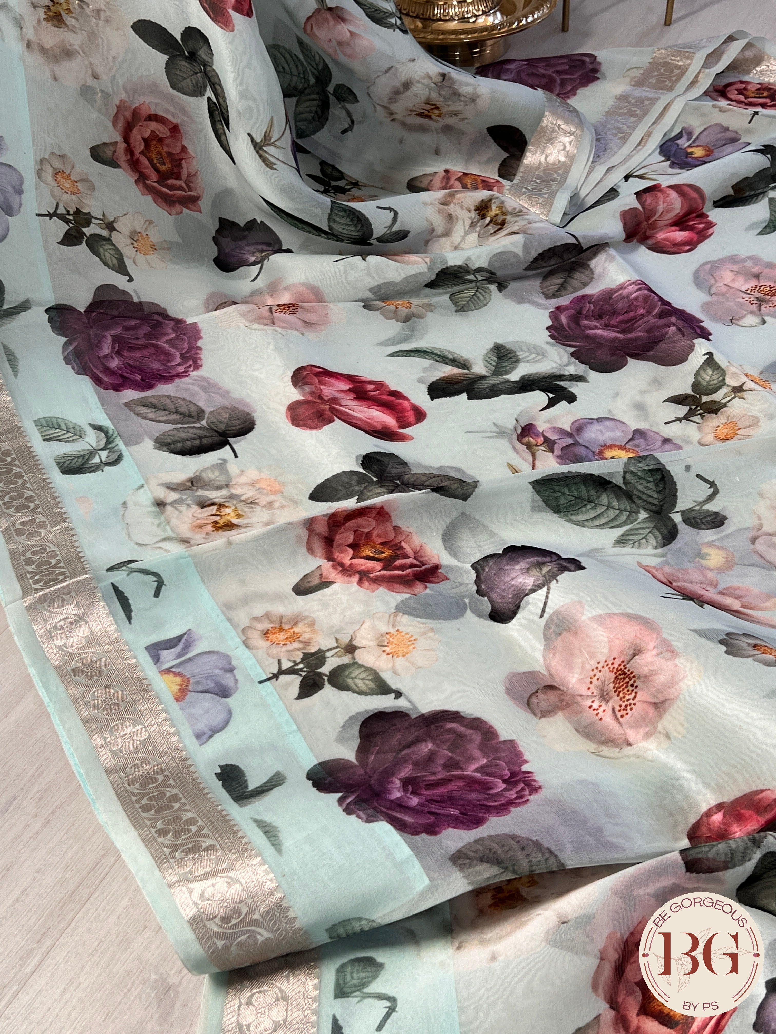 Organza with floral prints and zari border & Pallu saree color - blue