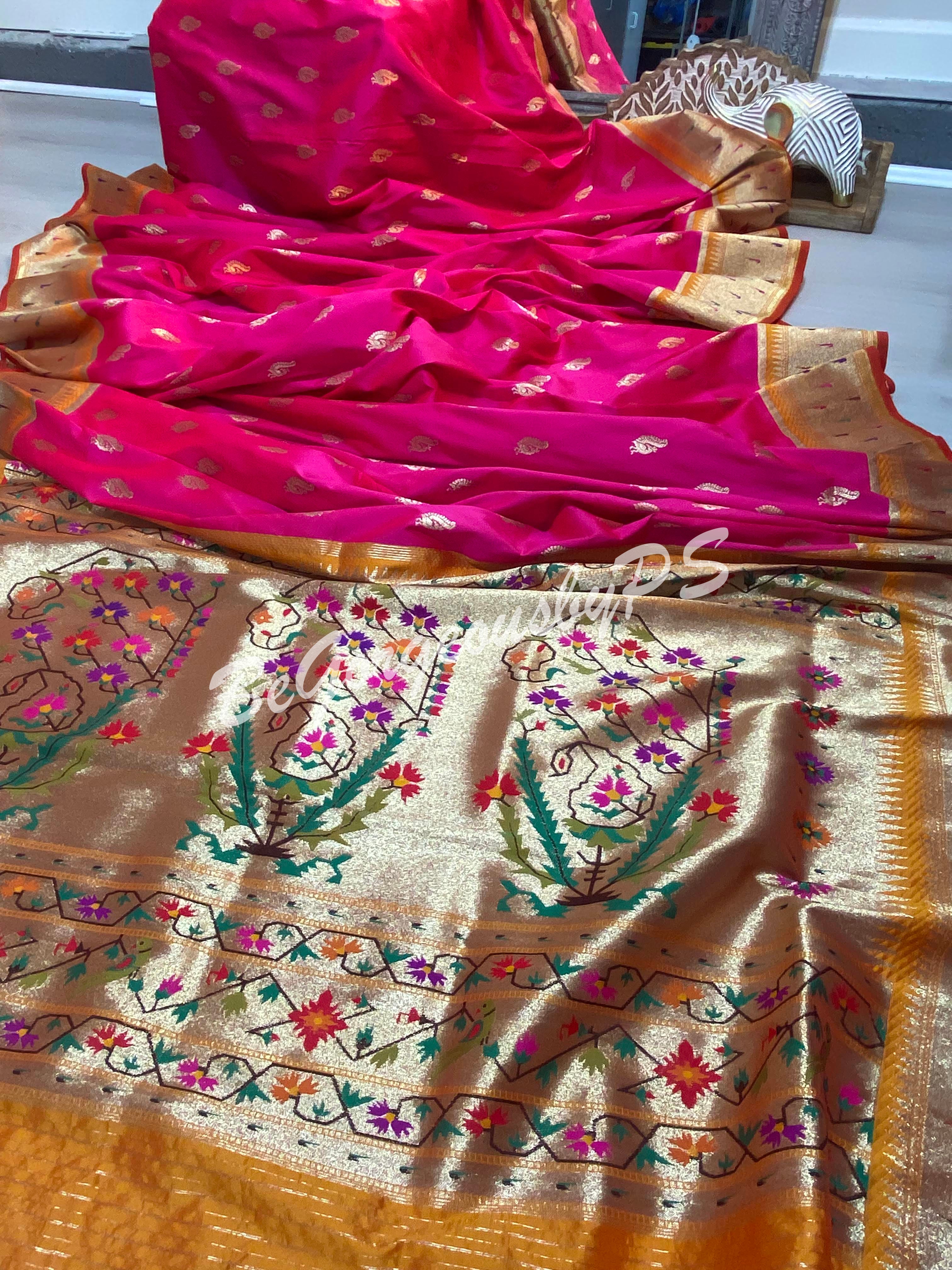MOONGA SILK GADWAL PATTERN PAITHANI MUNIYA PINK