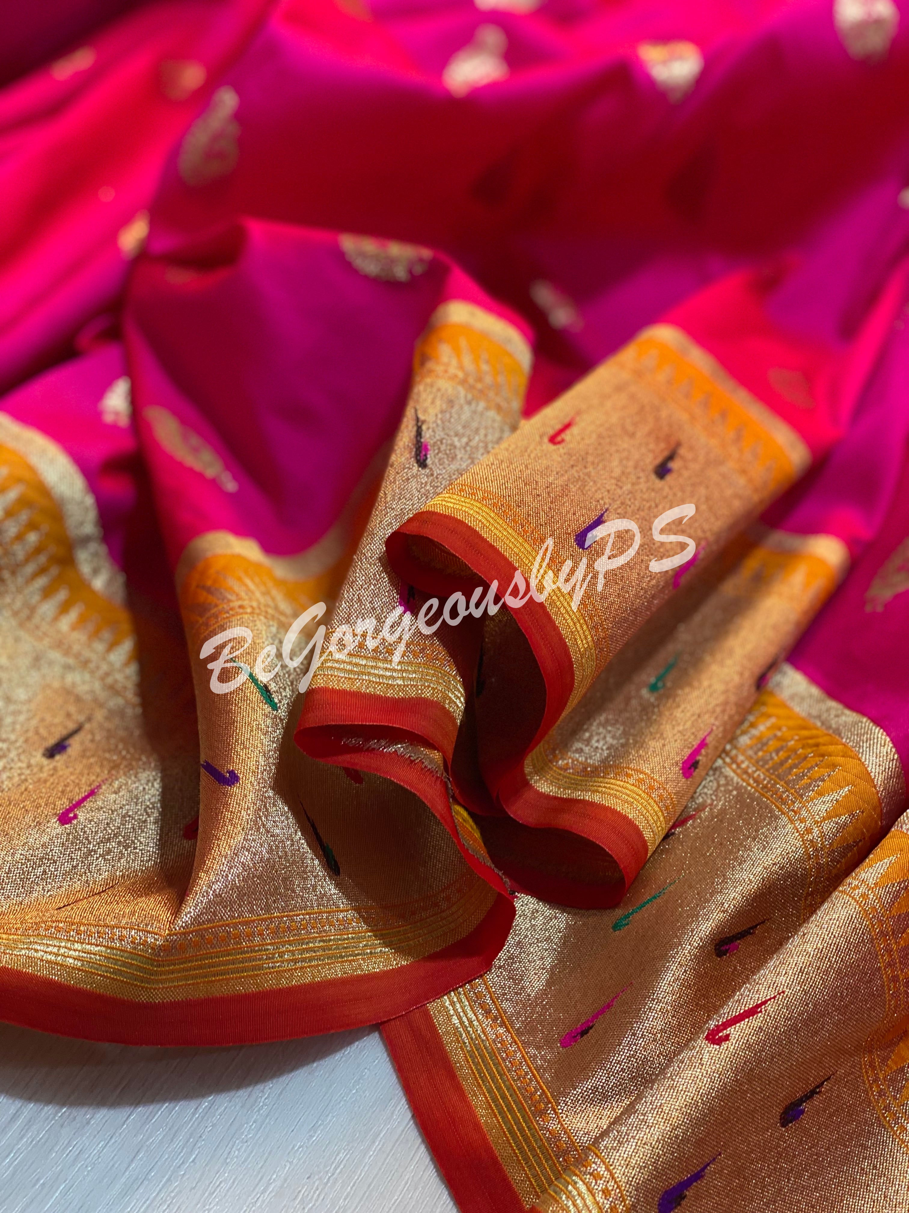MOONGA SILK GADWAL PATTERN PAITHANI MUNIYA PINK