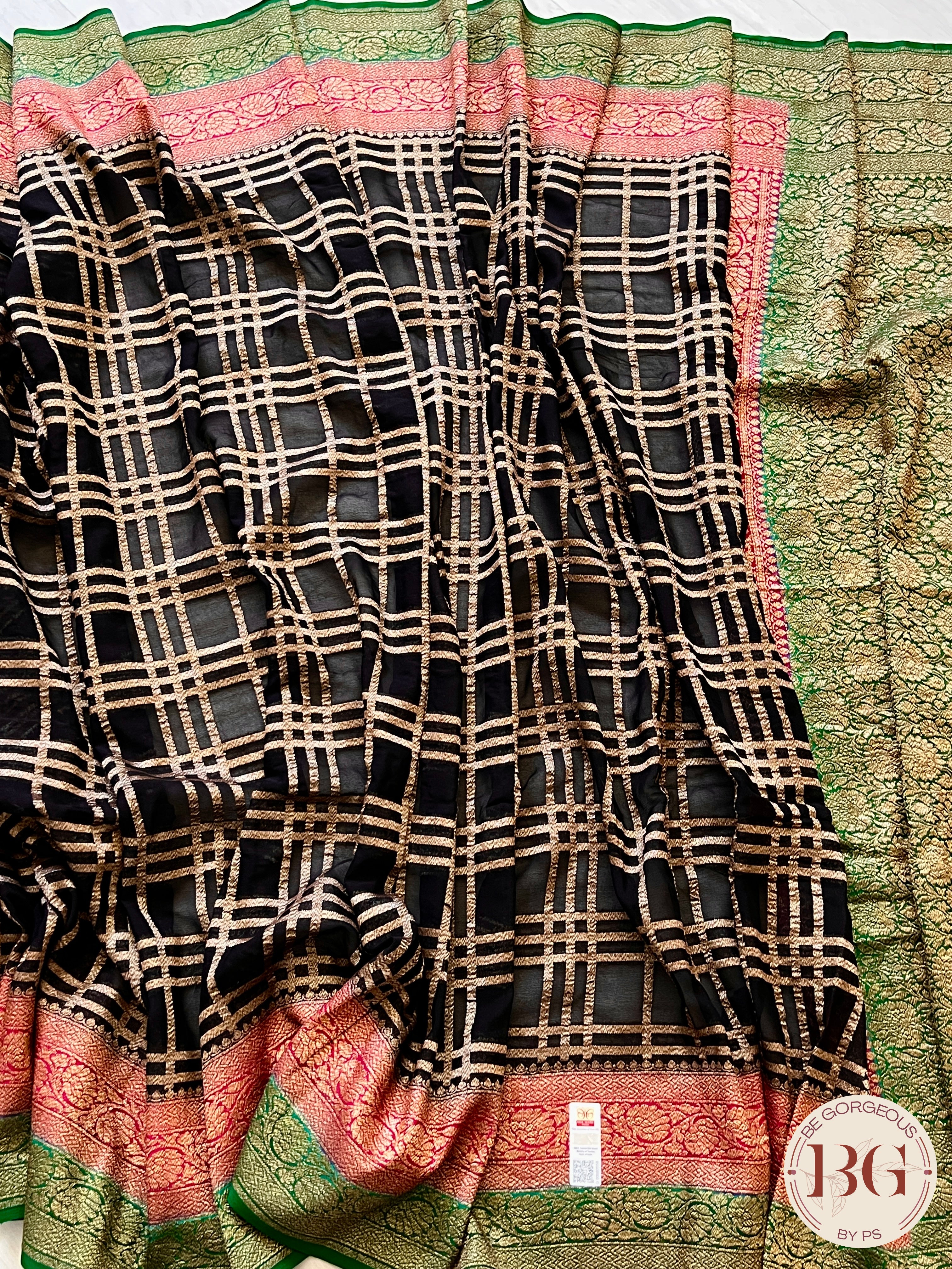 Banarasi Khaddi georgette silk with antique zari and stitched blouse - black