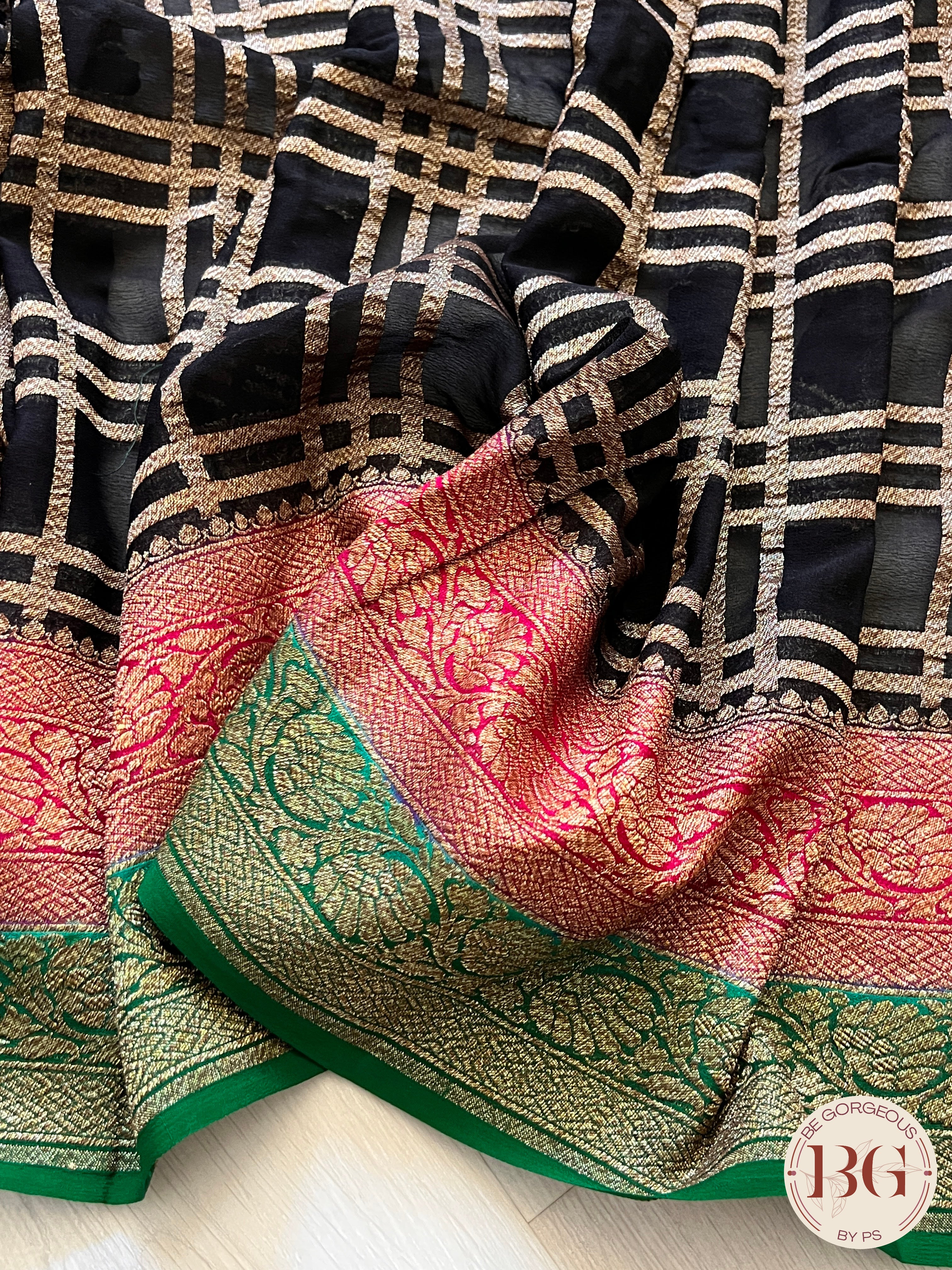 Banarasi Khaddi georgette silk with antique zari and stitched blouse - black