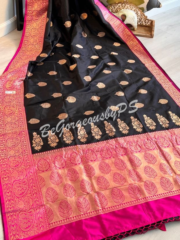 Banarasi Katan Silk silkmark certified with stitched blouse - black pink