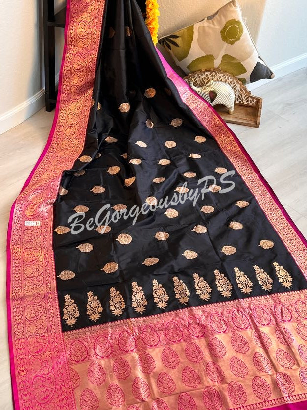 Banarasi Katan Silk silkmark certified with stitched blouse - black pink