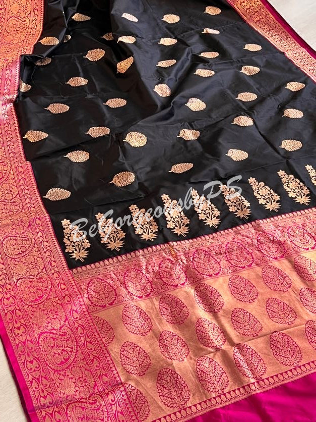 Banarasi Katan Silk silkmark certified with stitched blouse - black pink