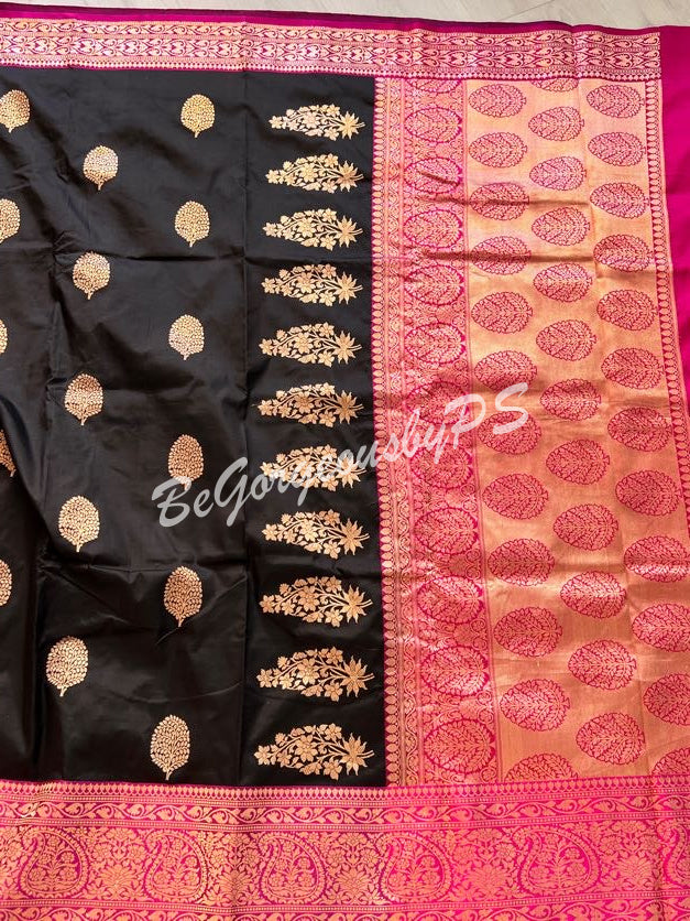Banarasi Katan Silk silkmark certified with stitched blouse - black pink