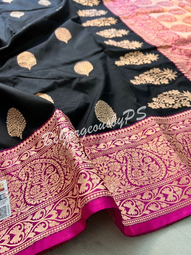 Banarasi Katan Silk silkmark certified with stitched blouse - black pink
