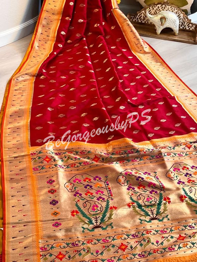 MOONGA SILK GADWAL PATTERN PAITHANI MUNIYA RED