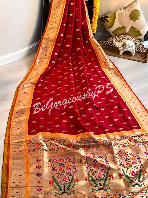 MOONGA SILK GADWAL PATTERN PAITHANI MUNIYA RED