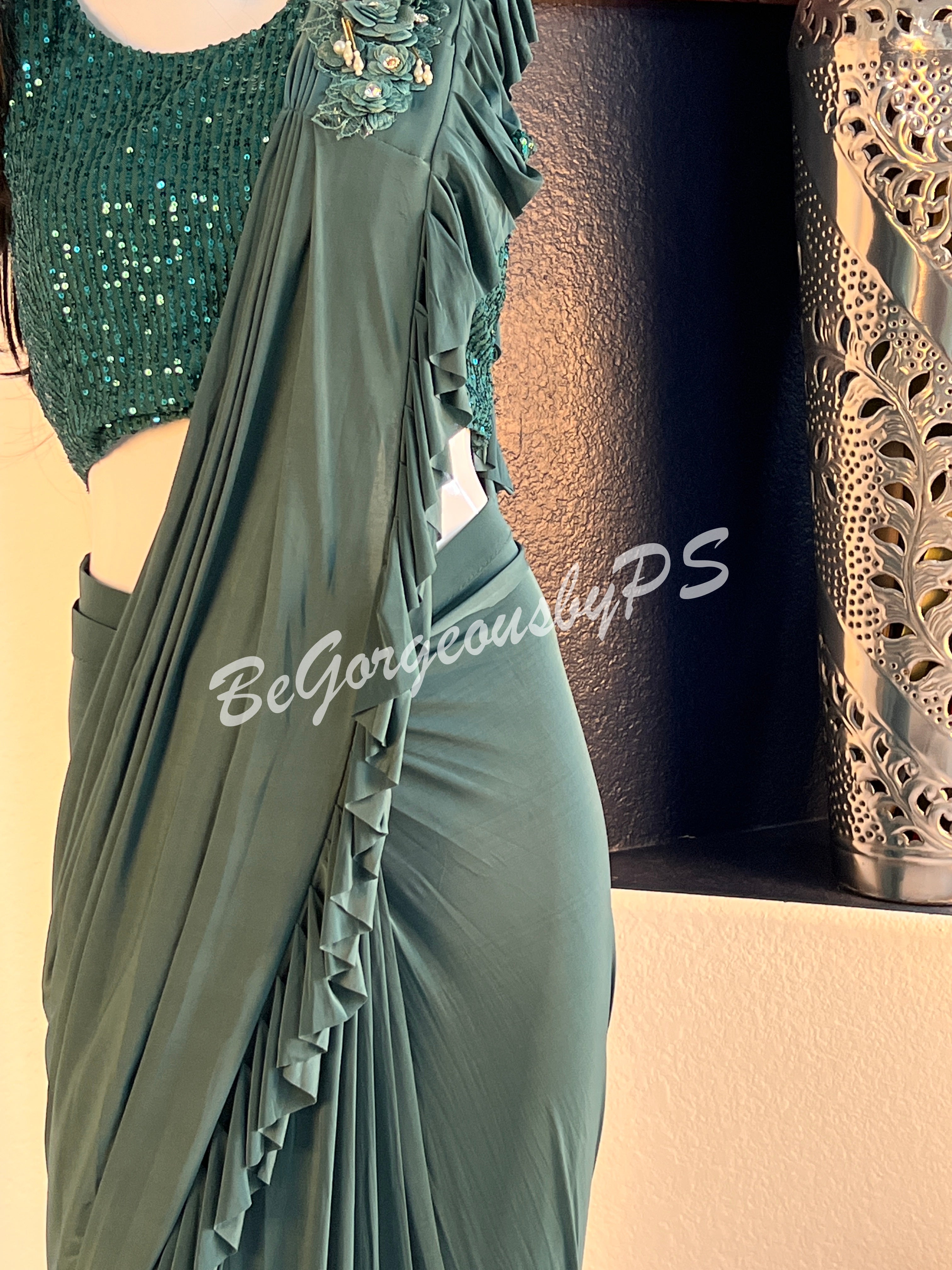 STITCHED SAREE SEQUENCE BLOUSE BOTTLE GREEN