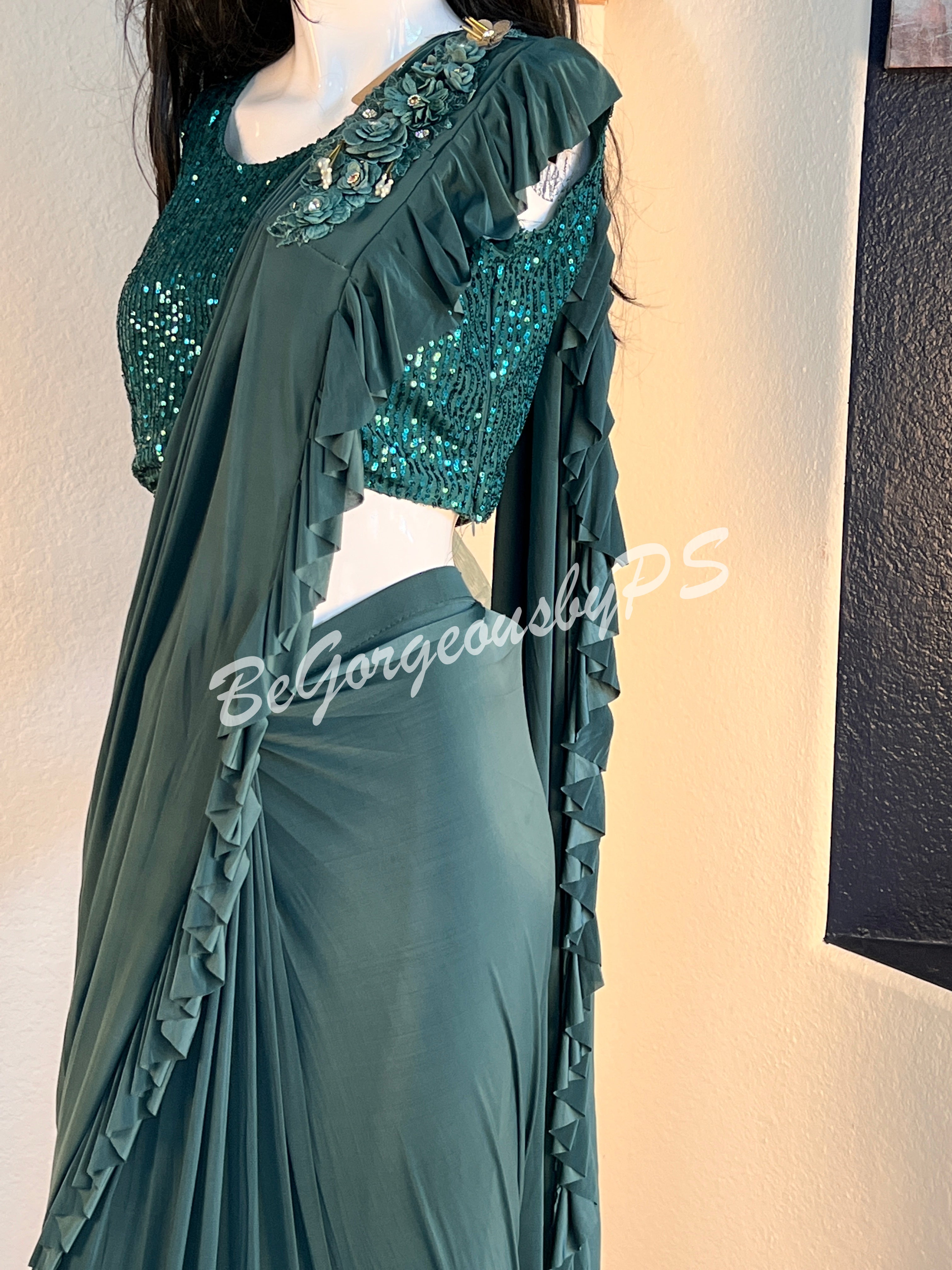 STITCHED SAREE SEQUENCE BLOUSE BOTTLE GREEN