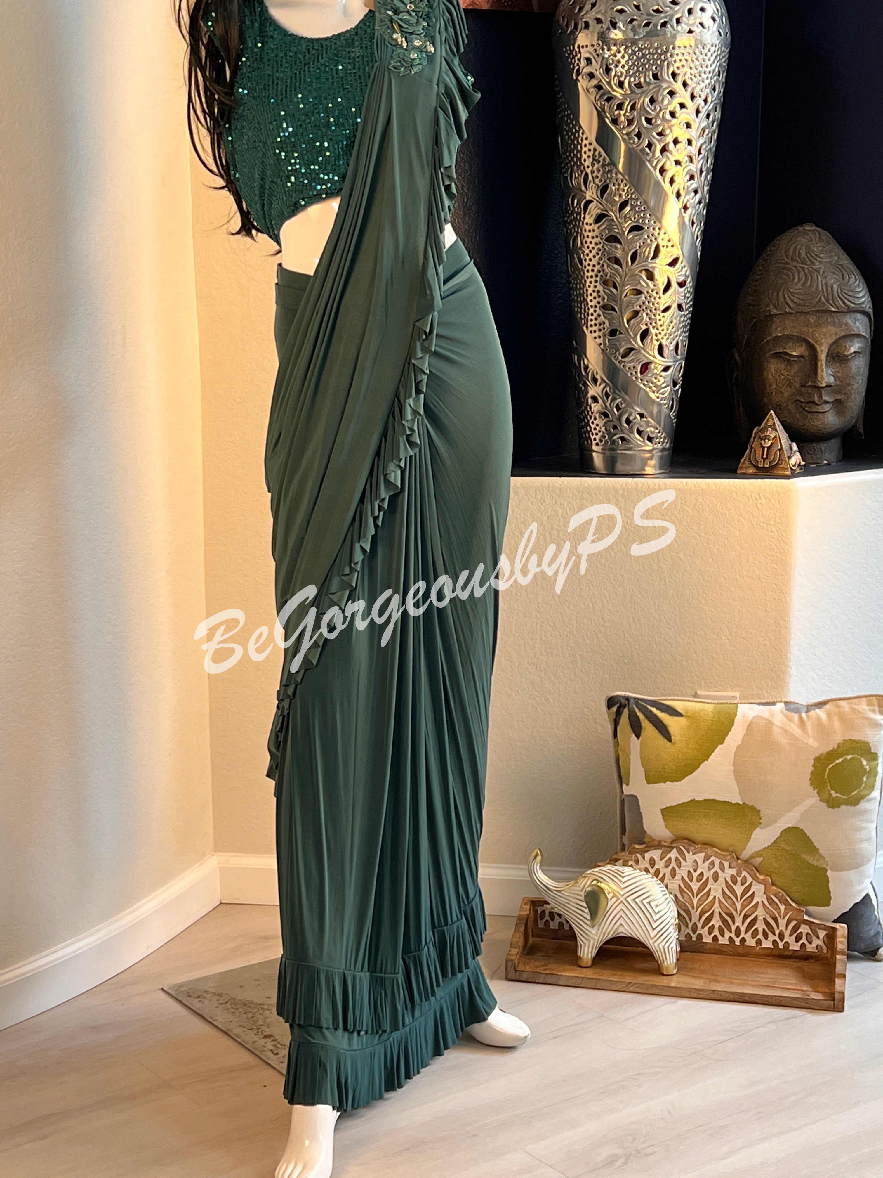 STITCHED SAREE SEQUENCE BLOUSE BOTTLE GREEN